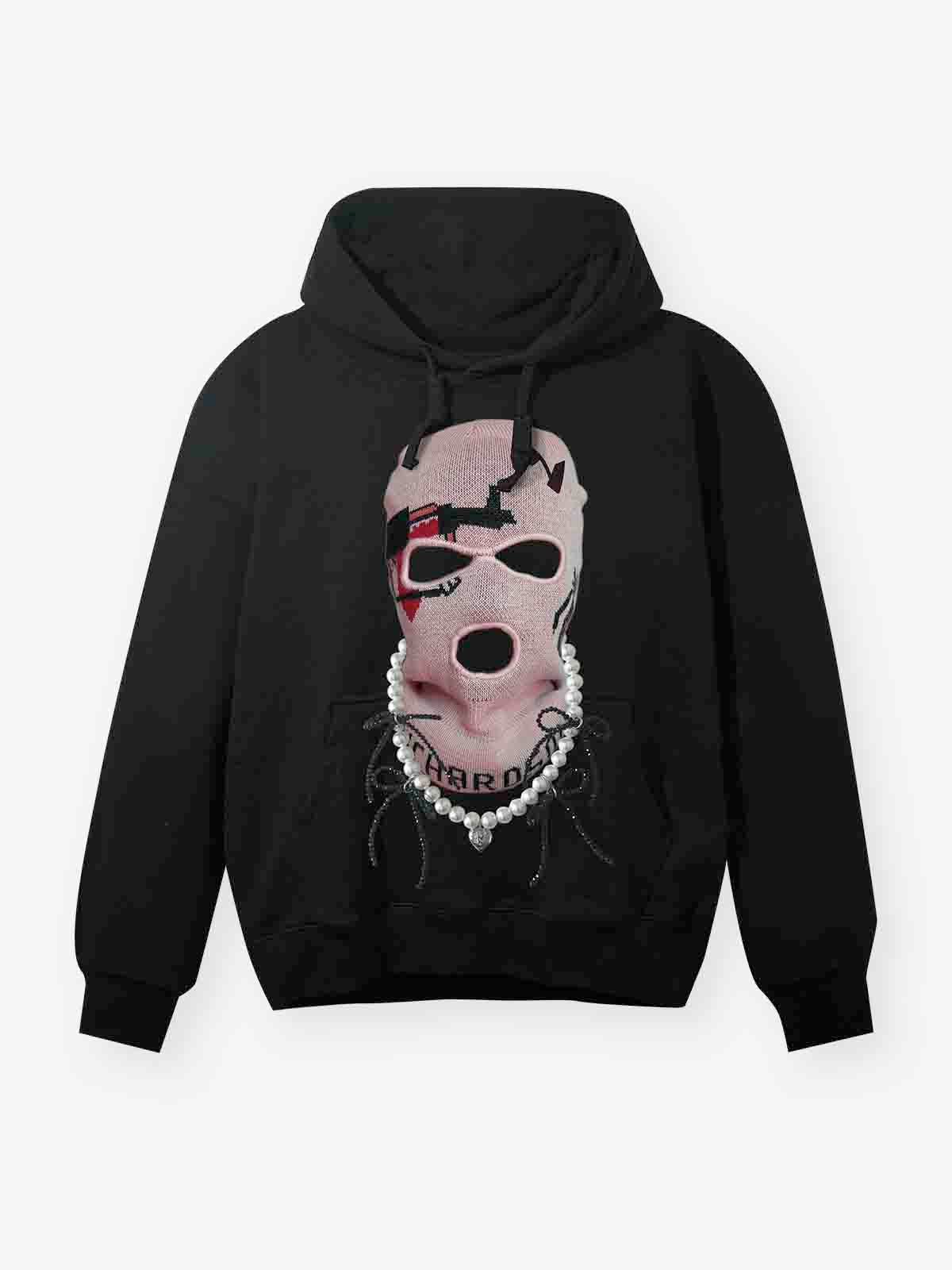 Sweat-shirt à capuche noir avec imprimé masque et nœud papillon en perles