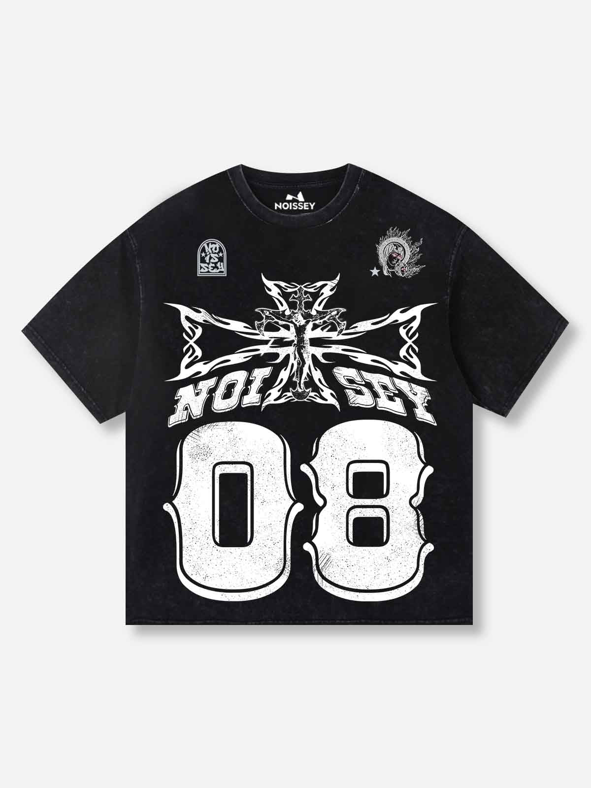 08 Street Flame Cross Black Wash Print T-shirt