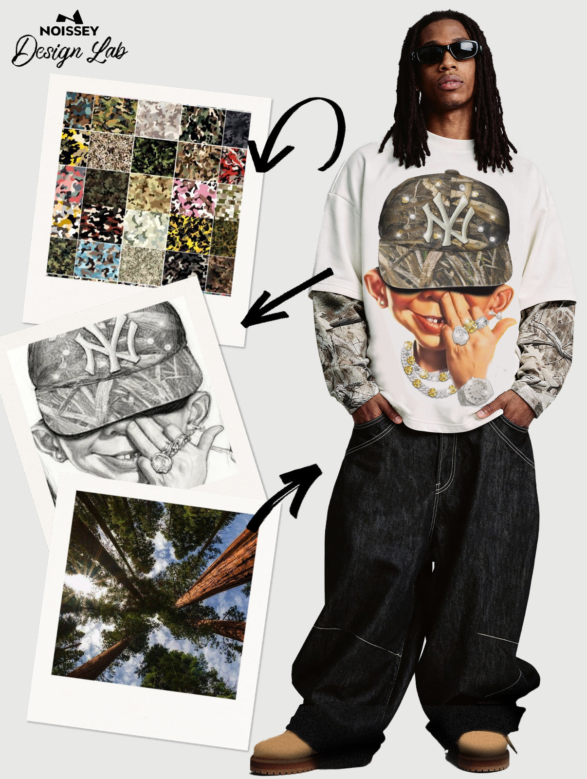 Bad boy wearing a tree-pattern diamond hat print long sleeve