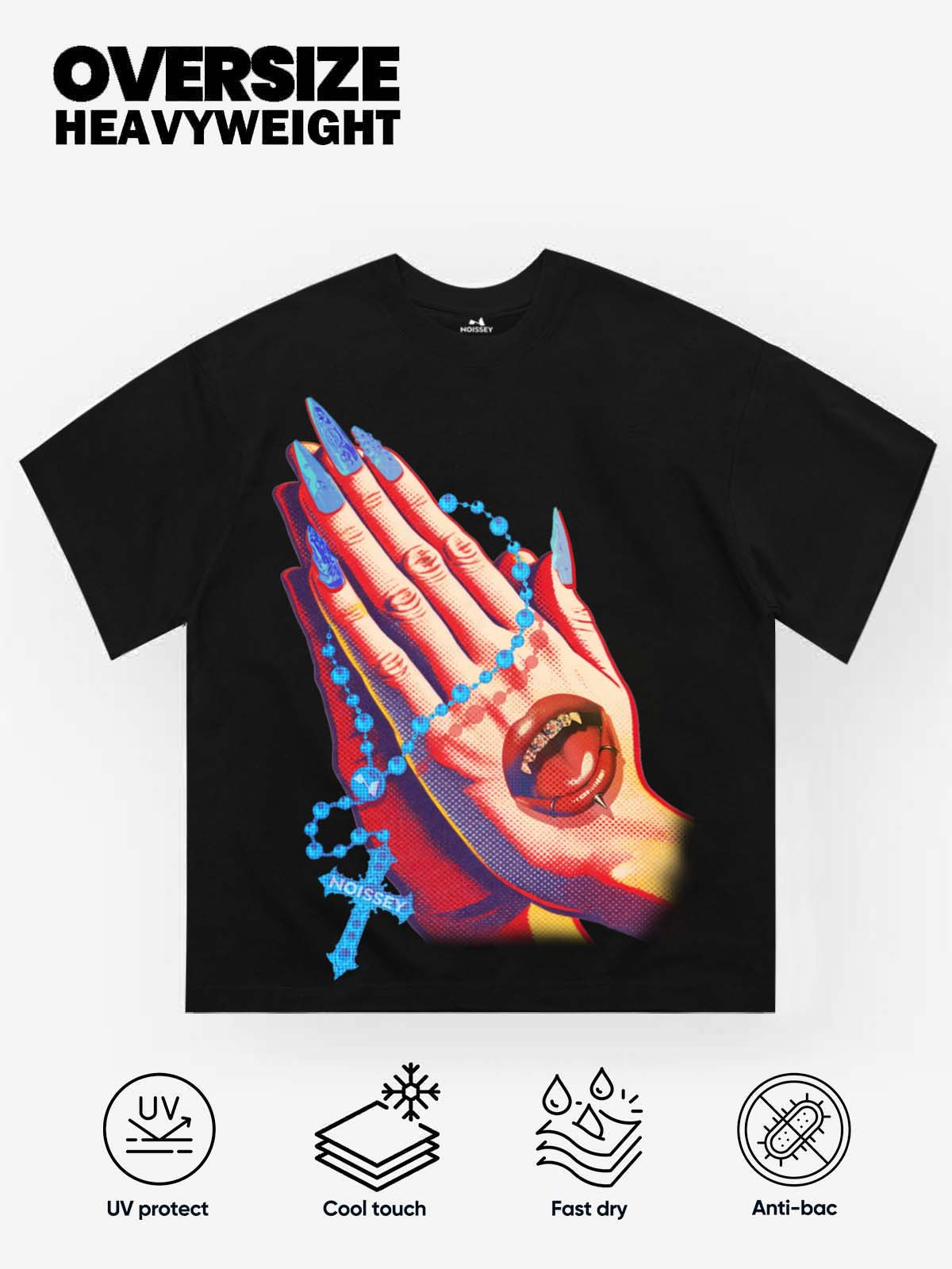 NOISSEY Vintage Pop Art Praying Hands & Rosary Graphic Oversized T-Shirt - Black