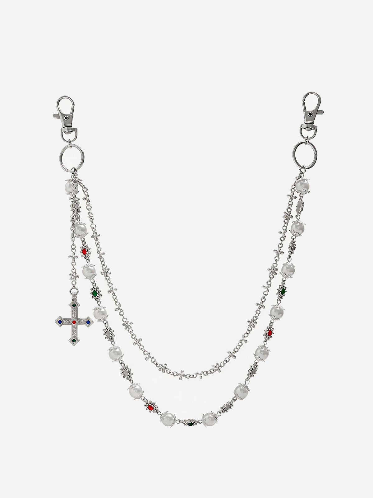 NOISSEY "SILVER BLOOM" MULTI-LAYERED PEARL & CRUCIFIX WAIST CHAIN