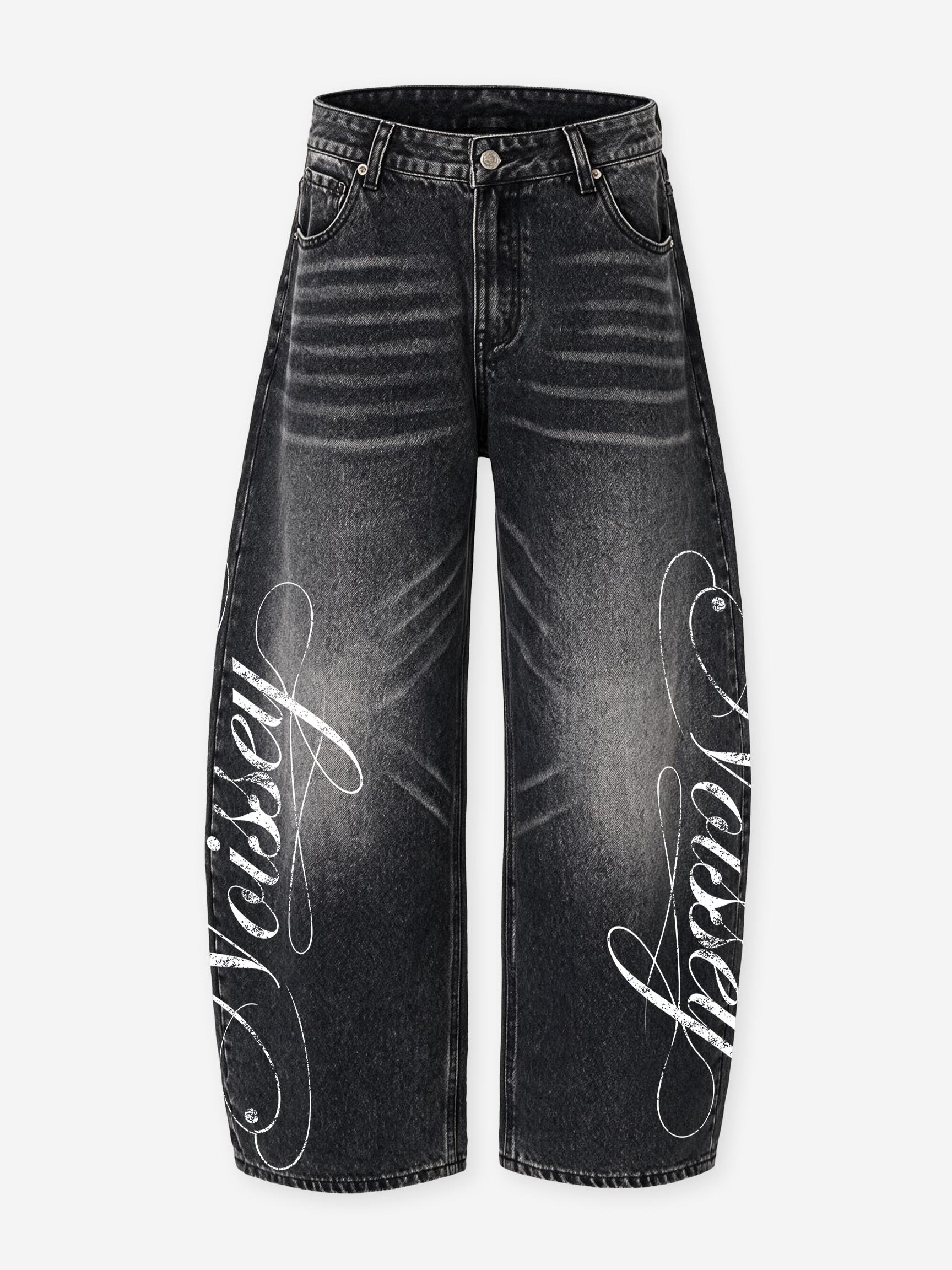 NOISSEY Cursive Script Distressed Graphic Black-Grey Washed Banana Baggy Jeans