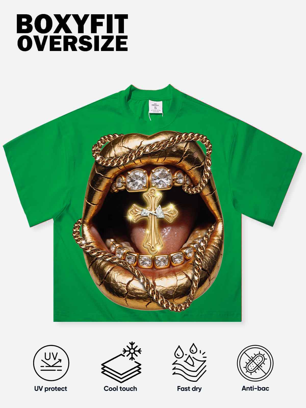 NOISSEY "Golden Cross" Green Tee - Boxy Lip Print T-Shirt