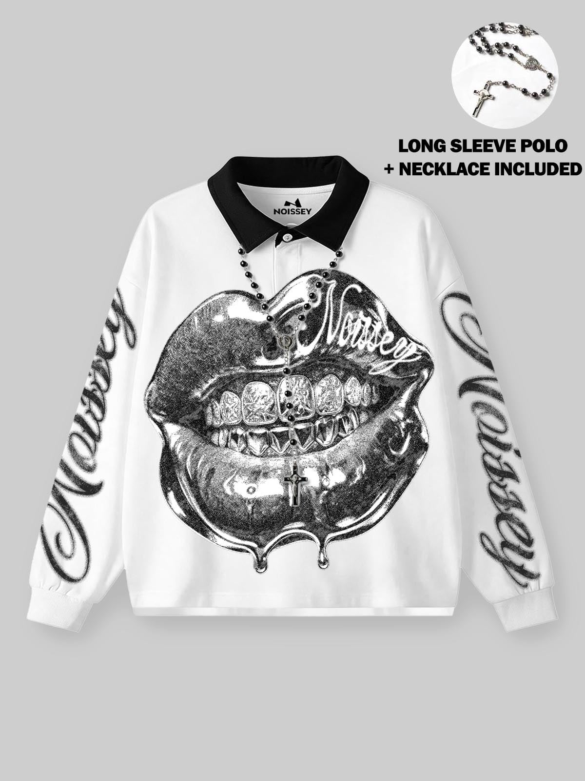 NOISSEY Liquid Chrome Iced-Out Lips Contrast Collar Polo Sweatshirt
