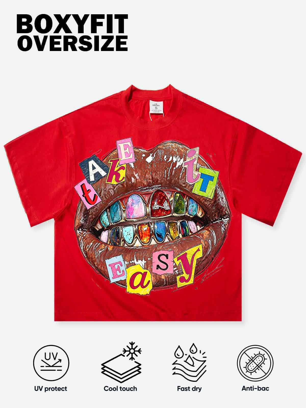 NOISSEY "TAKE IT EASY" Diamond Grillz Lips Collage Boxy Fit T-Shirt - Red