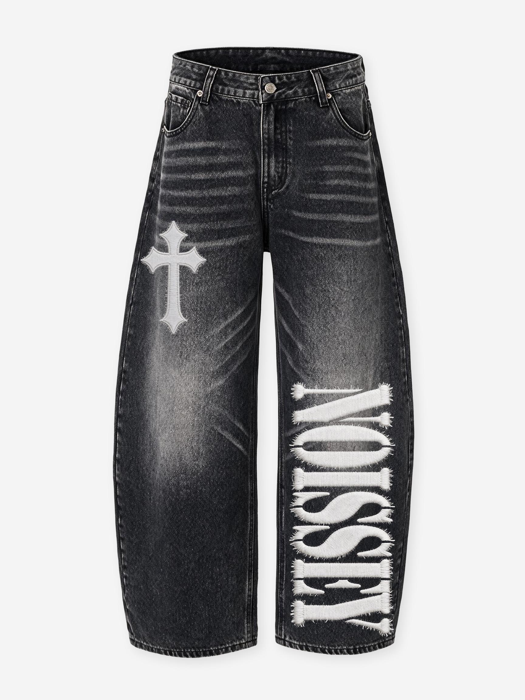 NOISSEY Cross &amp; Slogan Faux-Chenille Lettering Washed Black Banana Baggy Jeans
