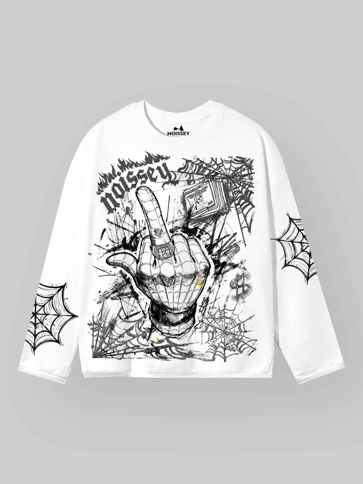 NOISSEY Rough Sketch Spider Gesture & Web Long-Sleeve Sweatshirt - Pure White