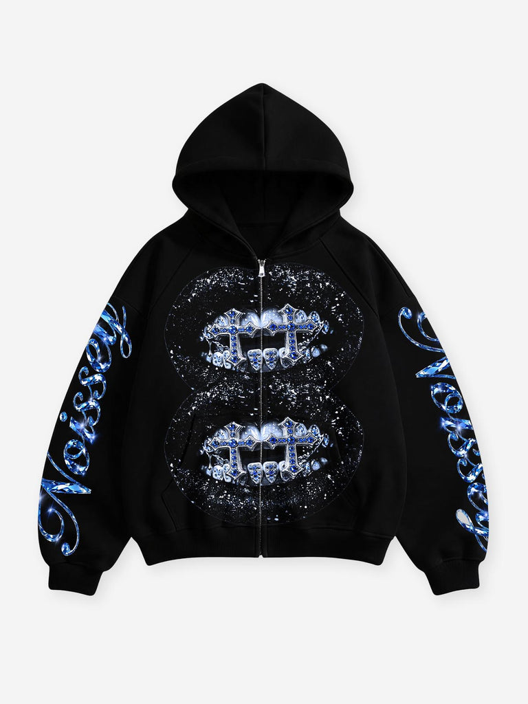 Double Blue Diamond Cross Black Zip Hoodie | NOISSEY