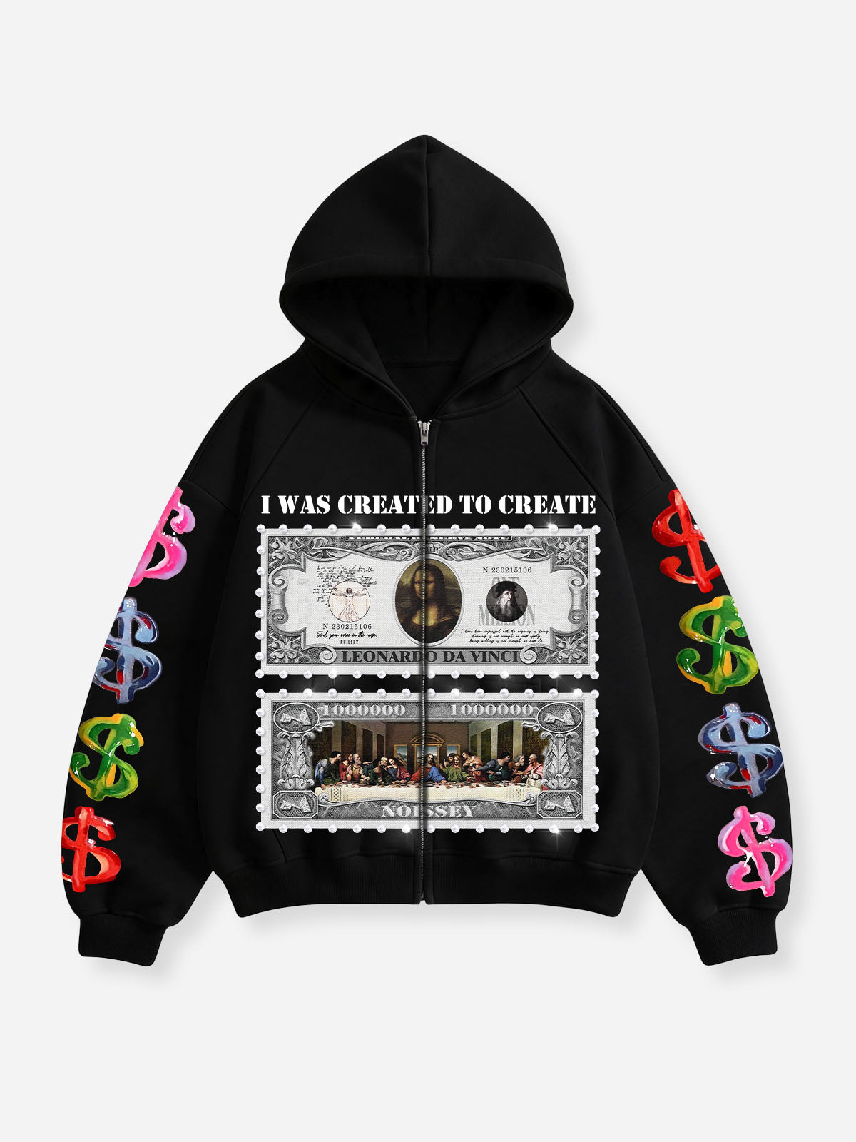NOISSEY Da Vinci Masterpiece Dollar Stamp Art Full-Zip Hoodie - Jet Black