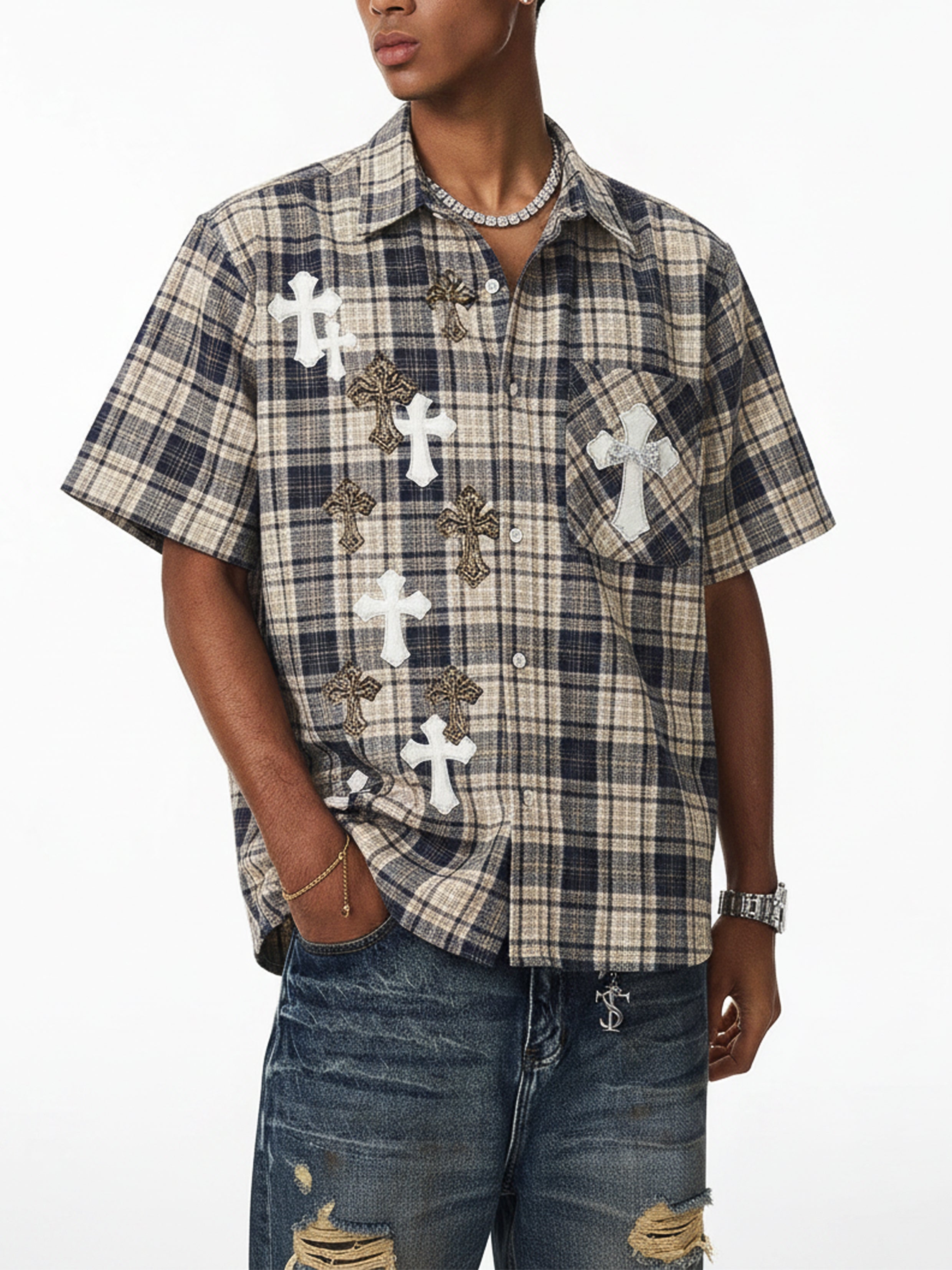 NOISSEY "Sacred Pilgrimage" Boxy Oversized Heavyweight Plaid Shirt - Brown Khaki