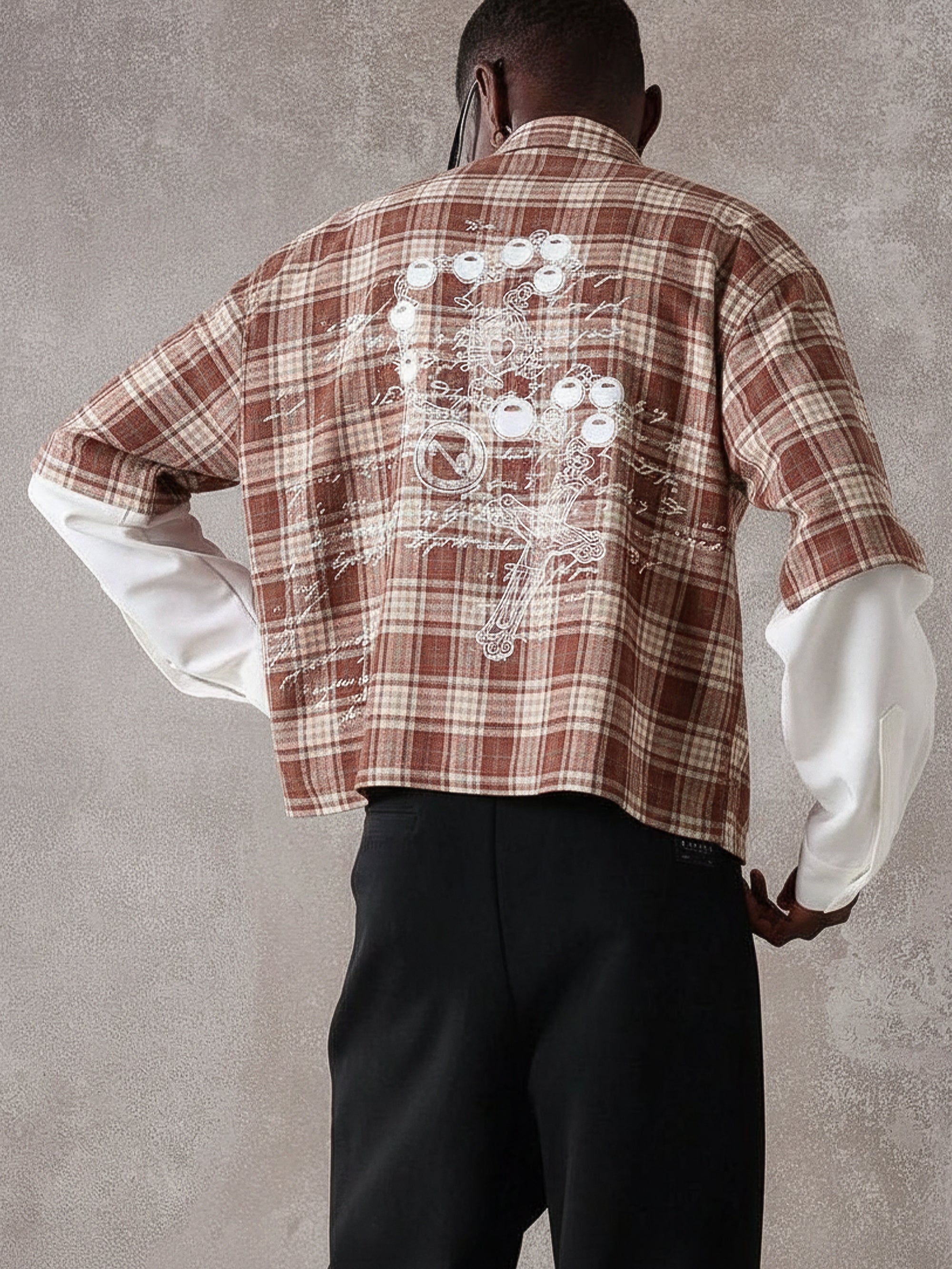 NOISSEY "Gothic Rosary" Hot-Fix Plaid Short-Sleeve Shirt - Red