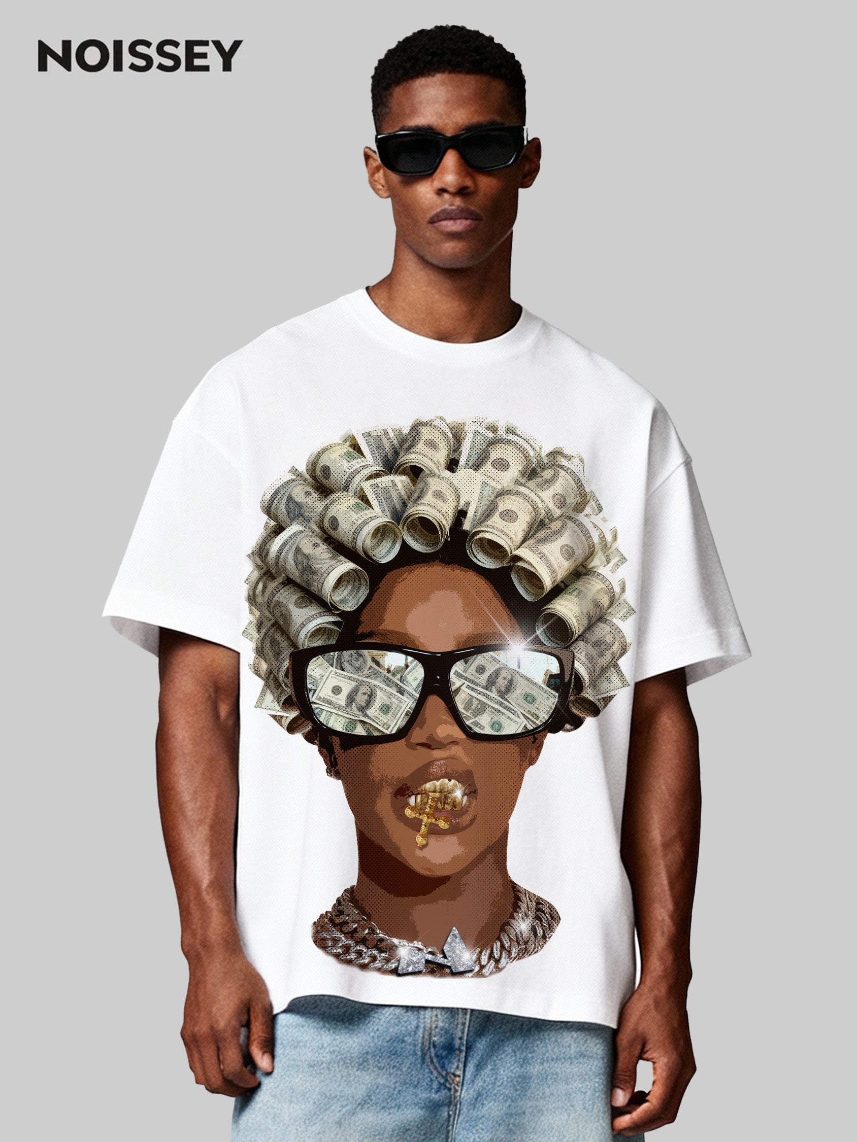 Dollar Bill Curls & Trendy Shades Design Image Print T-shirt