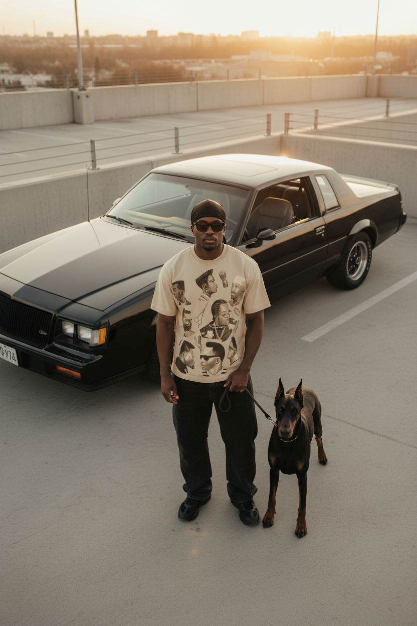 帅气黑人混血男模穿着Barbershop复古T恤的街拍场景