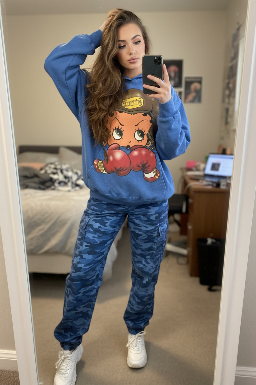 High quality Cartoon girl Boxing Print 425g Hoodie