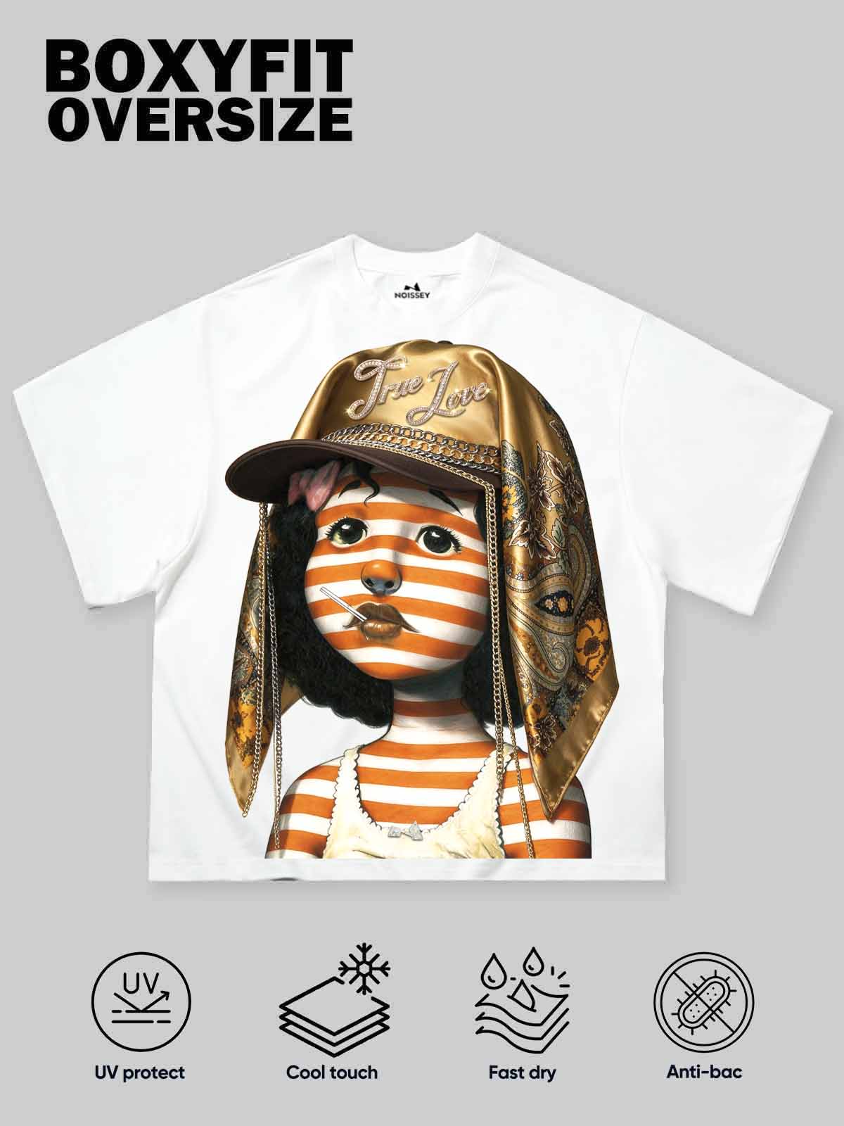 NOISSEY True Love Orange Striped Cartoon Doll Boxy Tee
