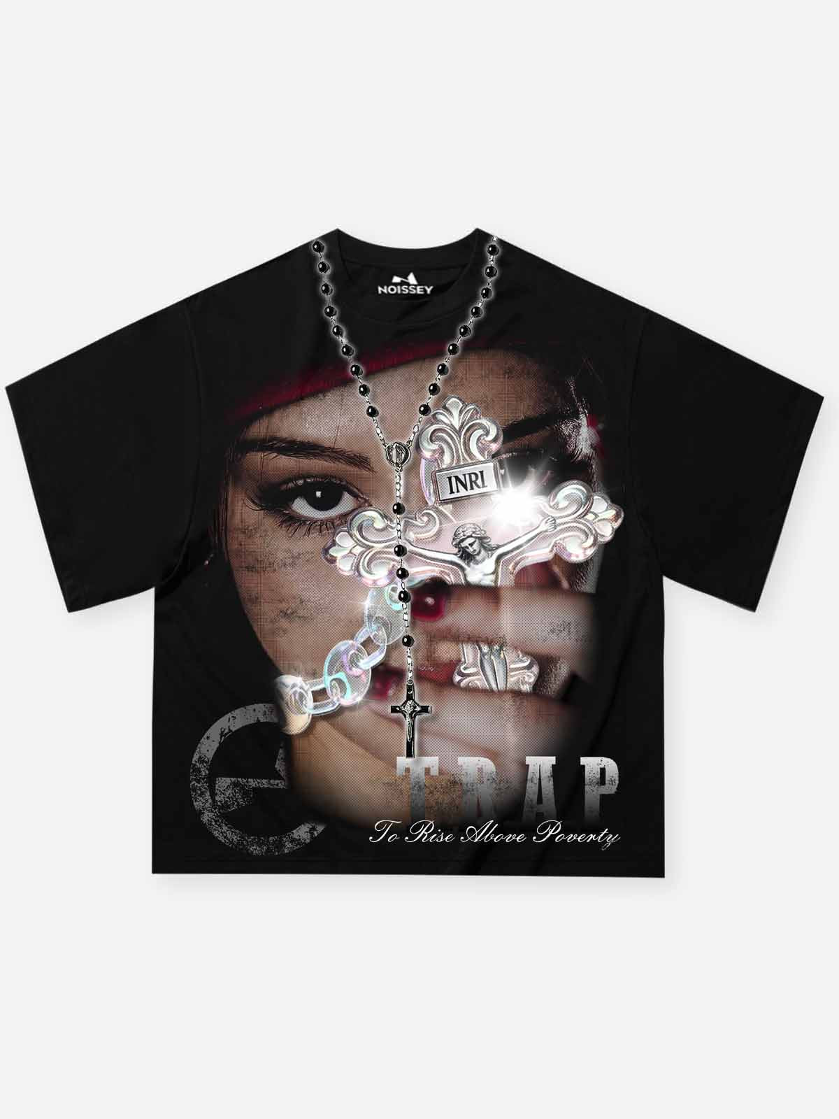 NOISSEY "Sacred Trap" Iridescent Crystal Jesus Rosary Portrait Distressed Boxy Tee