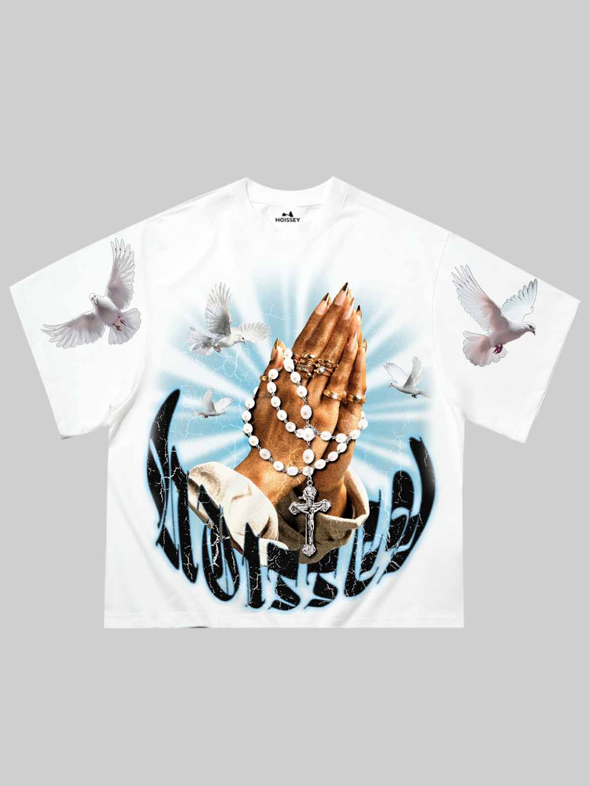 NOISSEY Praying Hands Pearl Rosary Graphic Heavyweight Tee - Crisp White Streetwear Shirt
