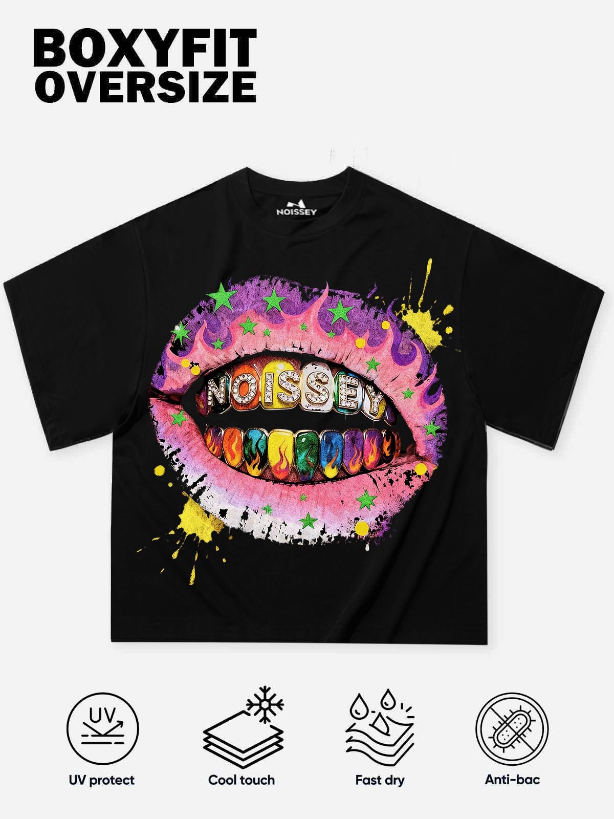 NOISSEY "Rainbow Flame Lips" Tee - Jet Black 255G Heavyweight Boxy Oversized Street Graffiti T-Shirt