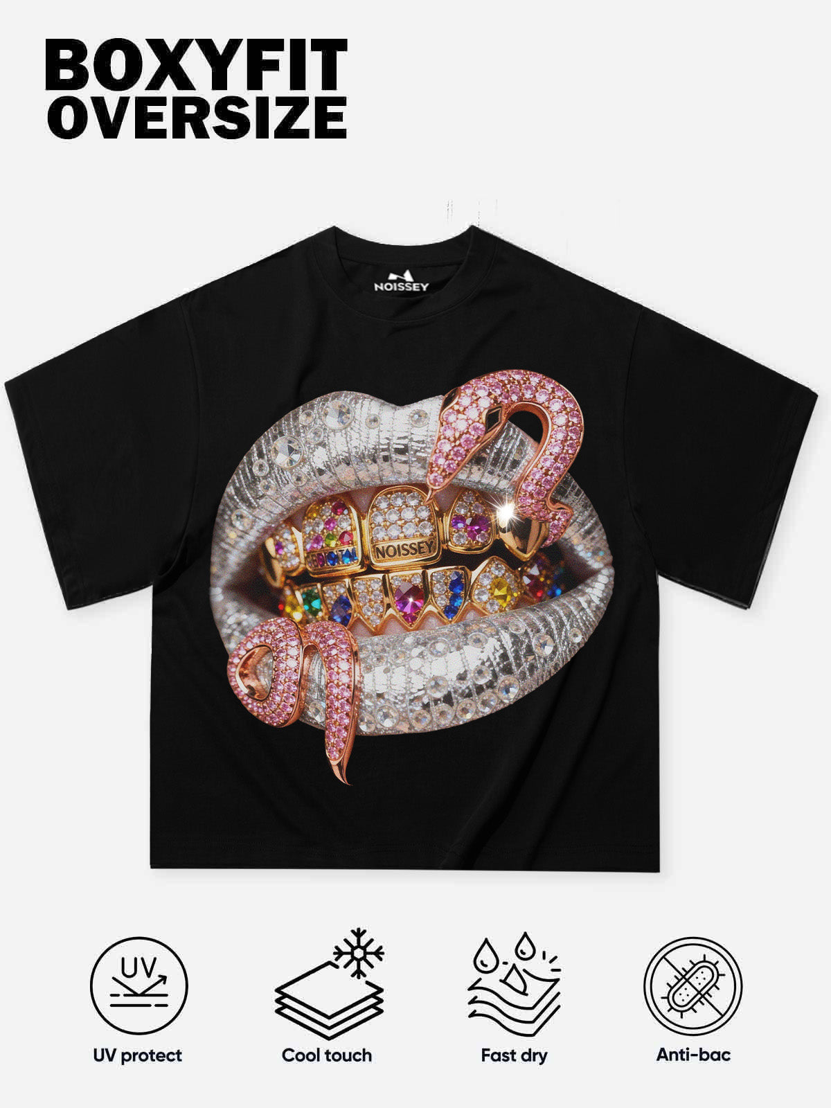 NOISSEY "Pink Snake" Black Tee - Boxy Lips Graphic T-Shirt