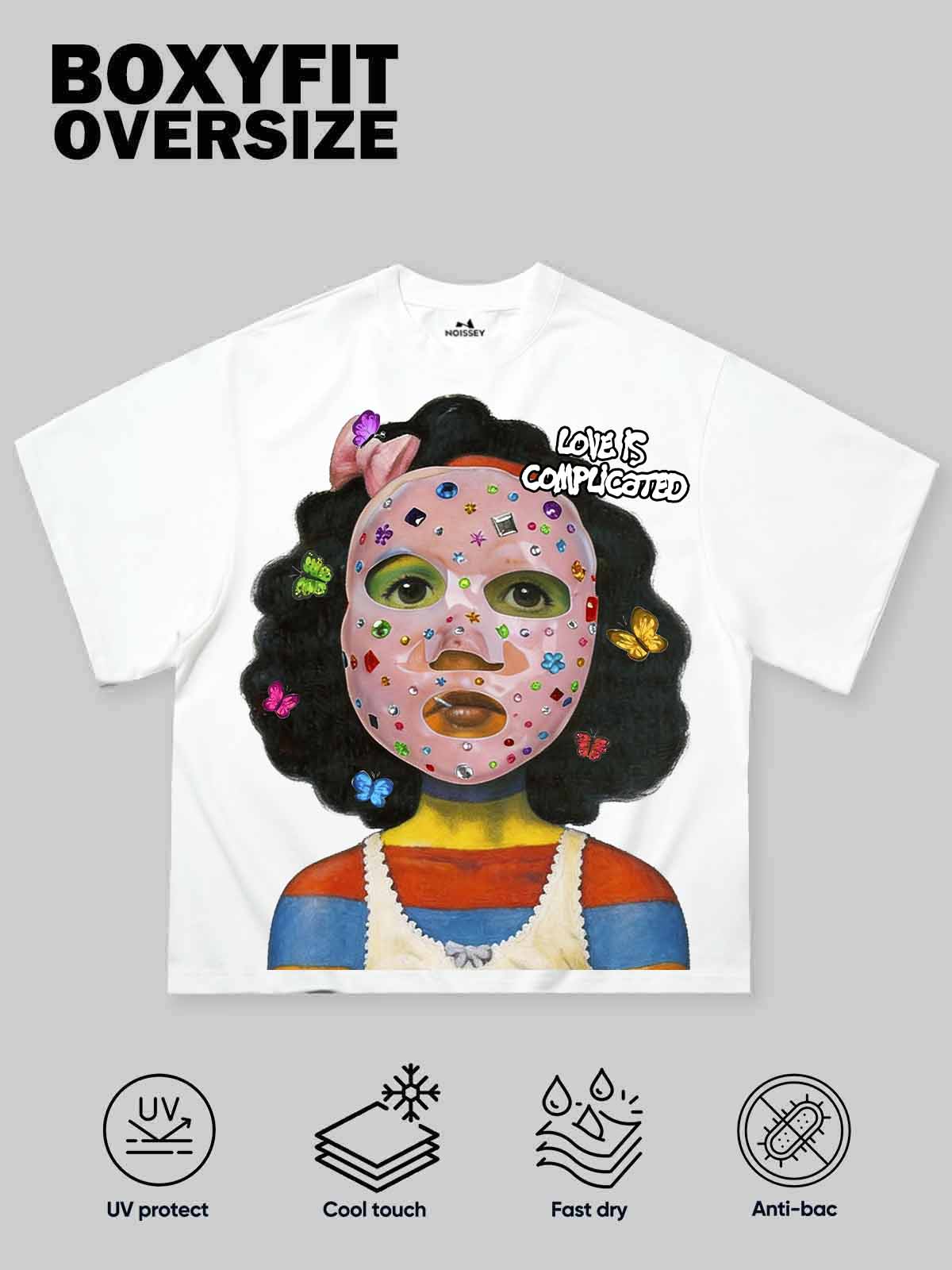 NOISSEY Bedazzled Face Mask Girl Graphic Boxy Tee - White Y2K Streetwear Shirt