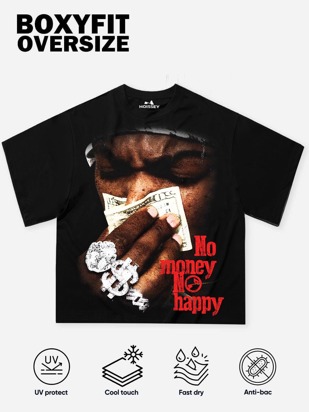 NOISSEY "No Money No Happy" Vintage Rap Portrait Graphic T-Shirt - Onyx Black