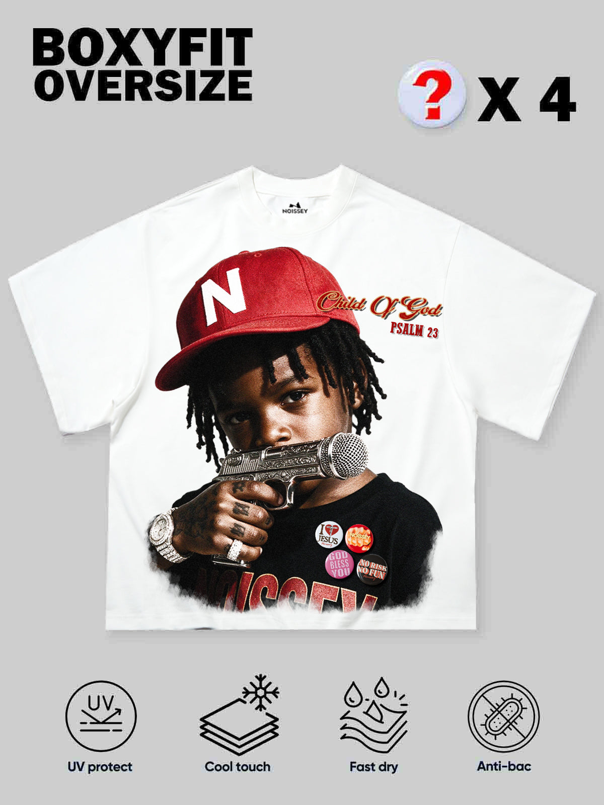 NOISSEY "Child Of God" Engraved Mic Pistol Graphic Boxy Oversized T-Shirt