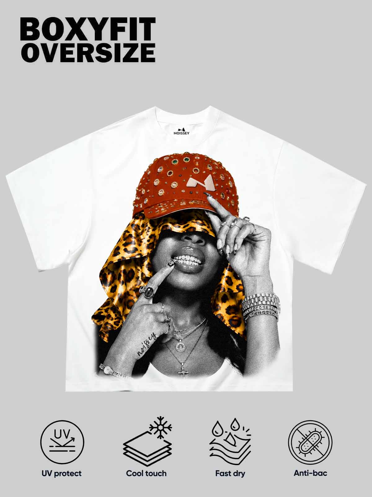 NOISSEY Rhinestone Red Cap &amp; Leopard Girl Graphic Heavyweight Boxy Tee