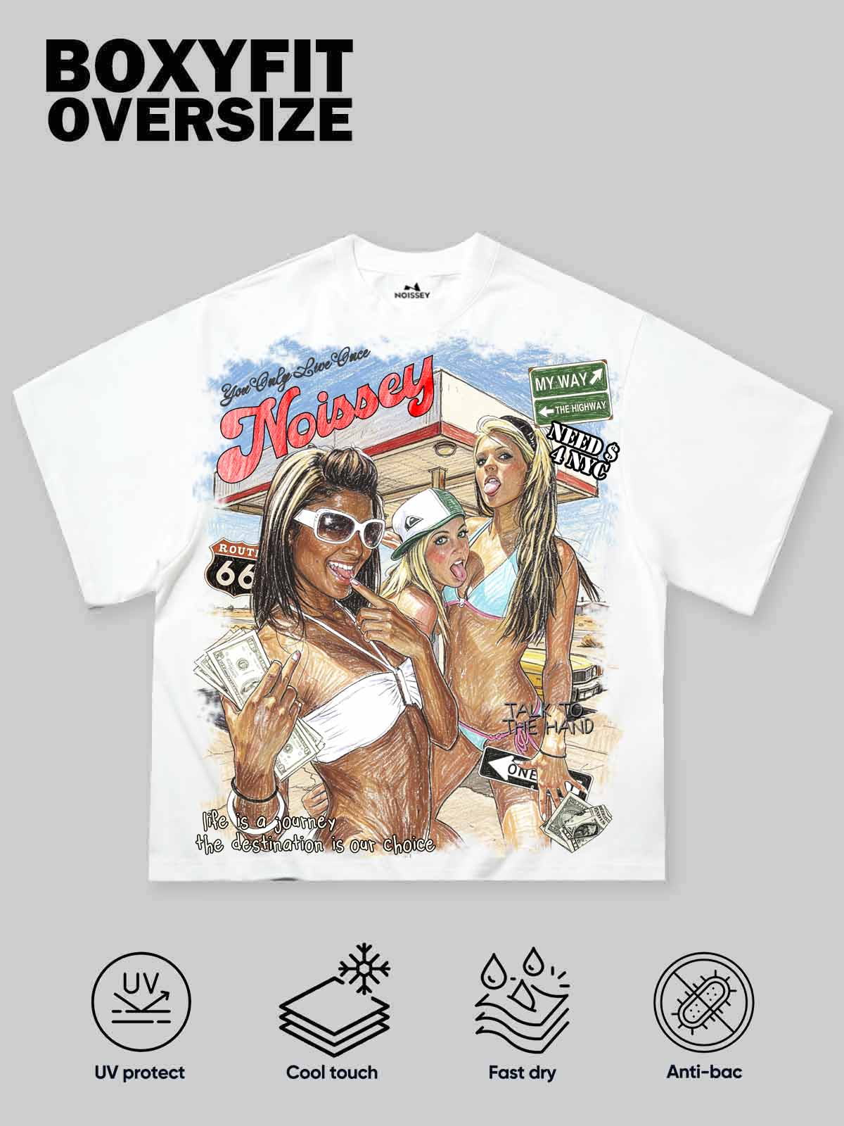 NOISSEY Route 66 Gas Station Boxy Graphic Tee - White Y2K Road Trip Streetwear Shirt