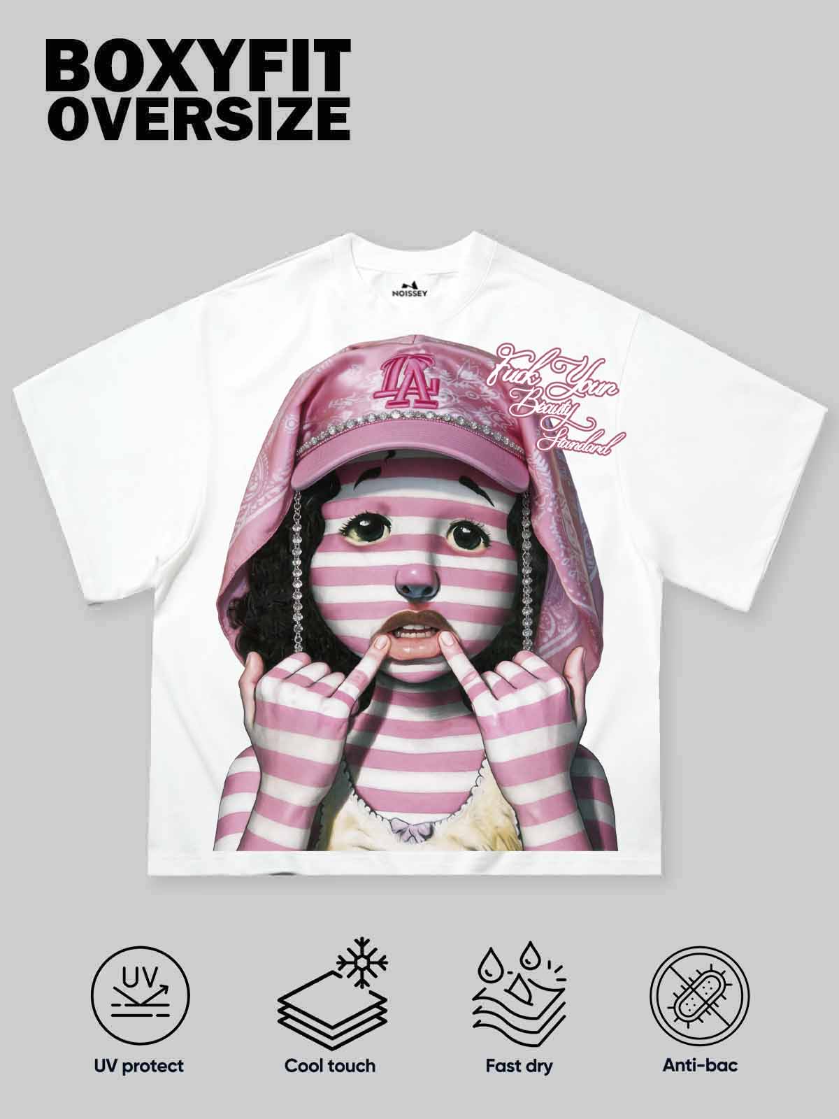 NOISSEY Beauty Standard Pink Striped Doll Graphic Boxy Tee - Streetwear T-Shirt