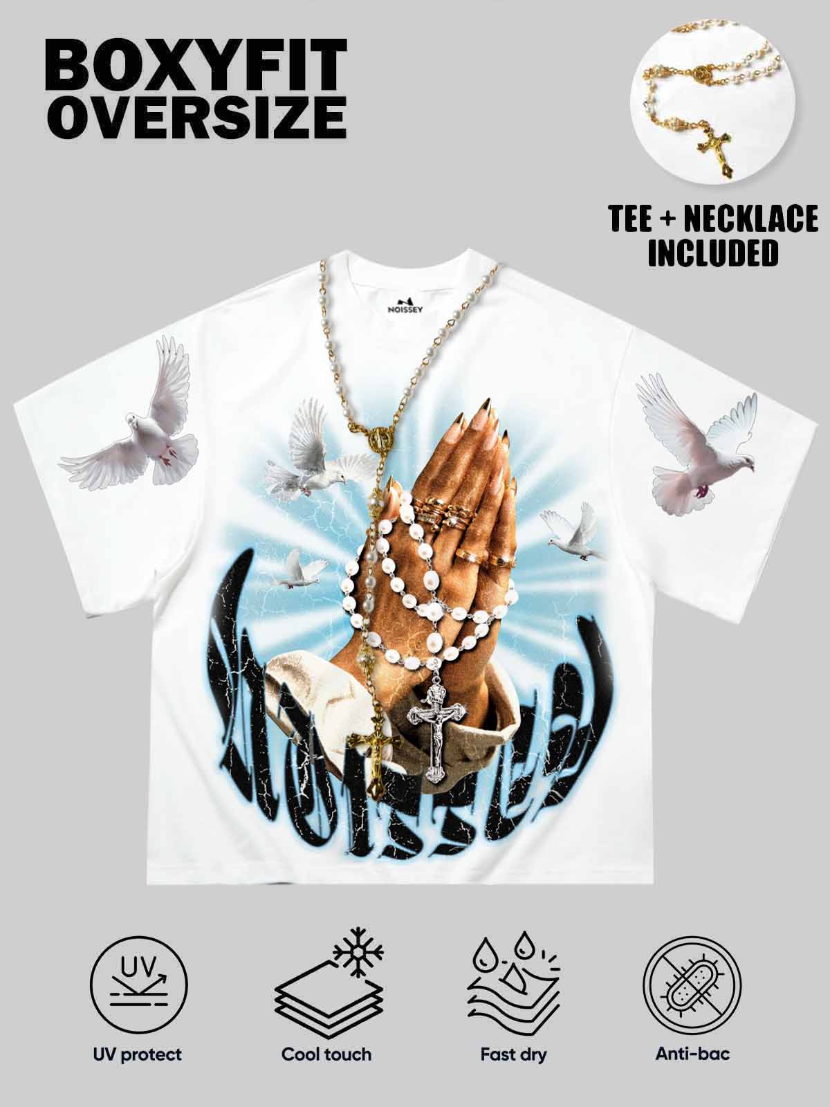 NOISSEY Praying Hands Pearl Rosary Graphic Heavyweight Tee - Crisp White Streetwear Shirt