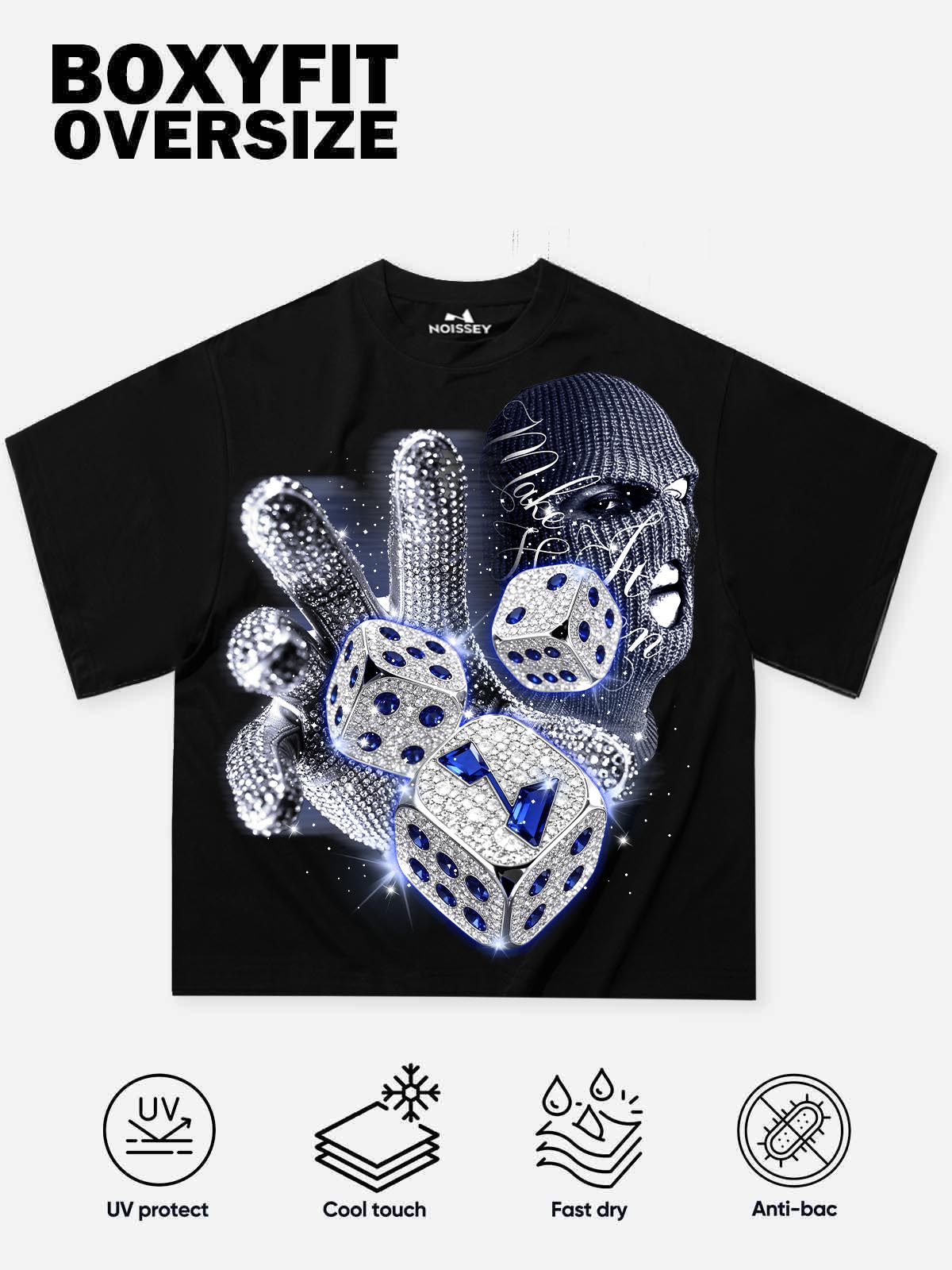 NOISSEY "Make It Happen" Iced-Out Ski Mask & Diamond Dice Black Boxy Tee