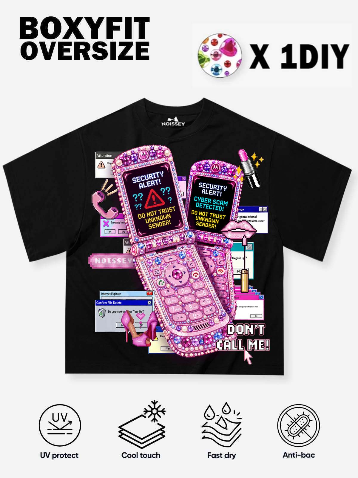NOISSEY "Y2K Cyber Glitch" Pink Flip Phone Cropped Boxy T-Shirt - Black