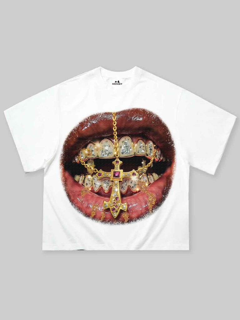 Boxy oversized T-shirt Golden Cross Diamond Patch Grills