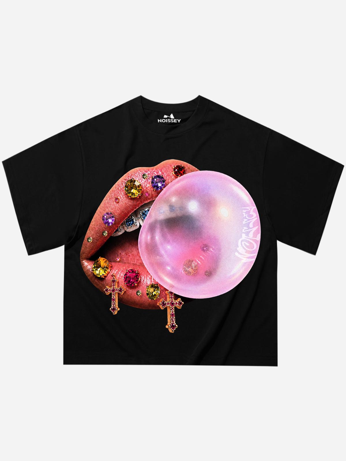 NOISSEY Jeweled Lips Bubblegum Boxy Graphic Tee - Y2K Punk Streetwear Shirt