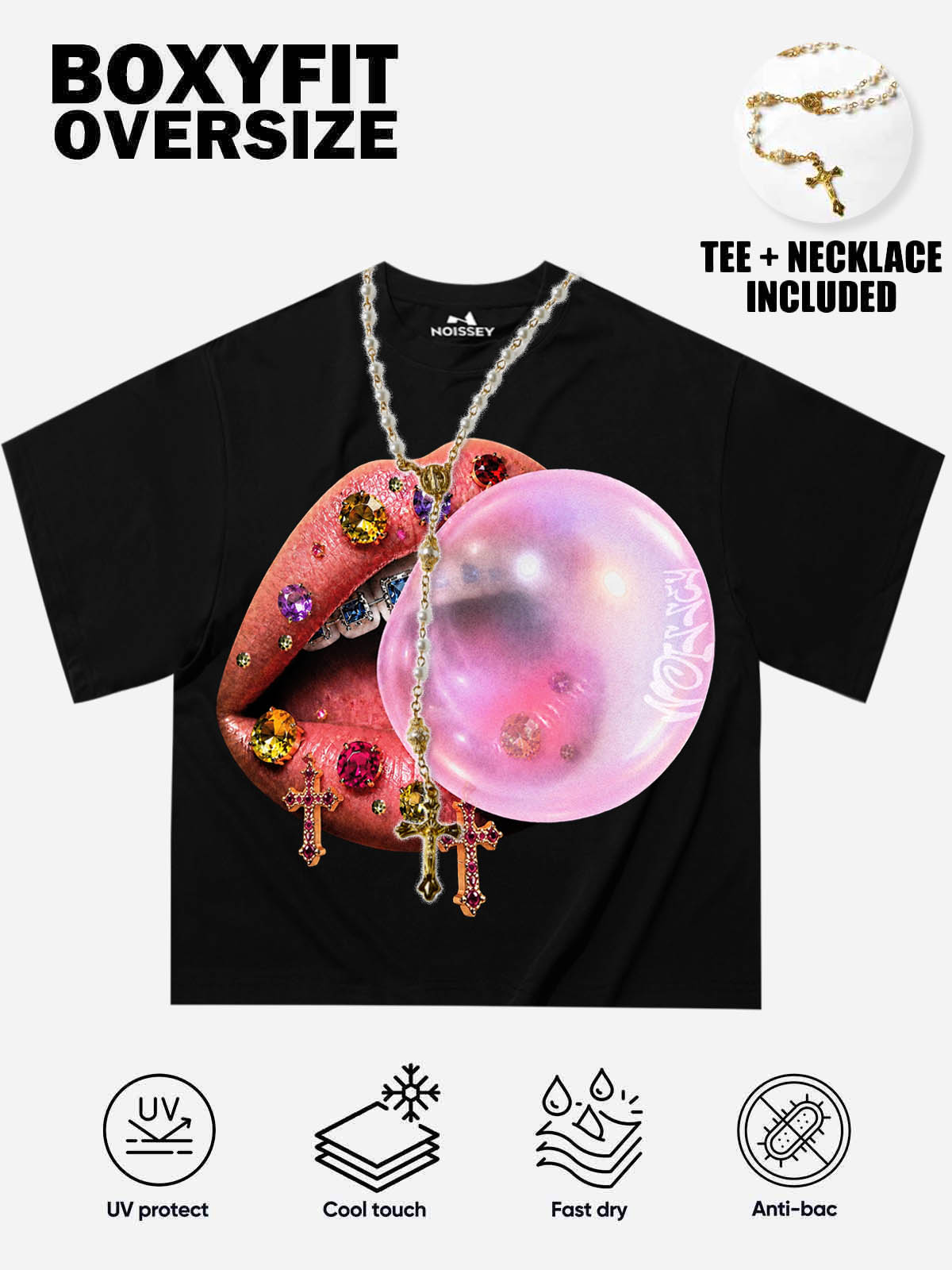 NOISSEY Jeweled Lips Bubblegum Boxy Graphic Tee - Y2K Punk Streetwear Shirt