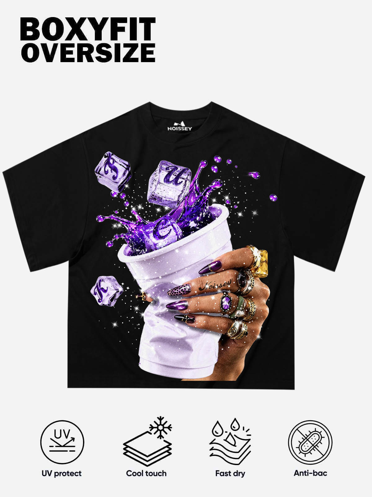 NOISSEY Purple Splash Leopard Nails Graphic Boxy Tee -  Black Streetwear T-Shirt
