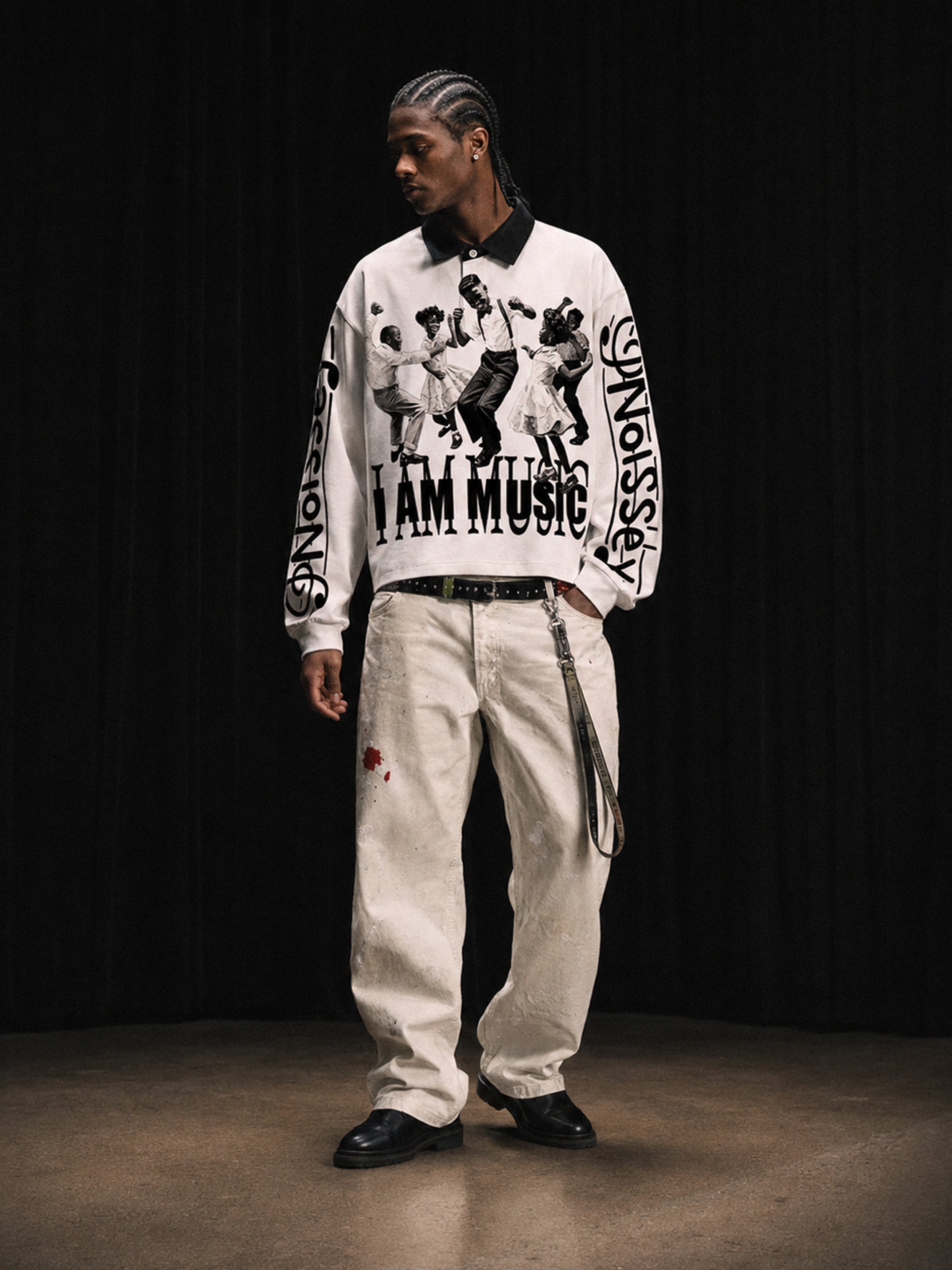 NOISSEY Vintage Music Party Monochrome Art Long Sleeve Polo Long Sleeves