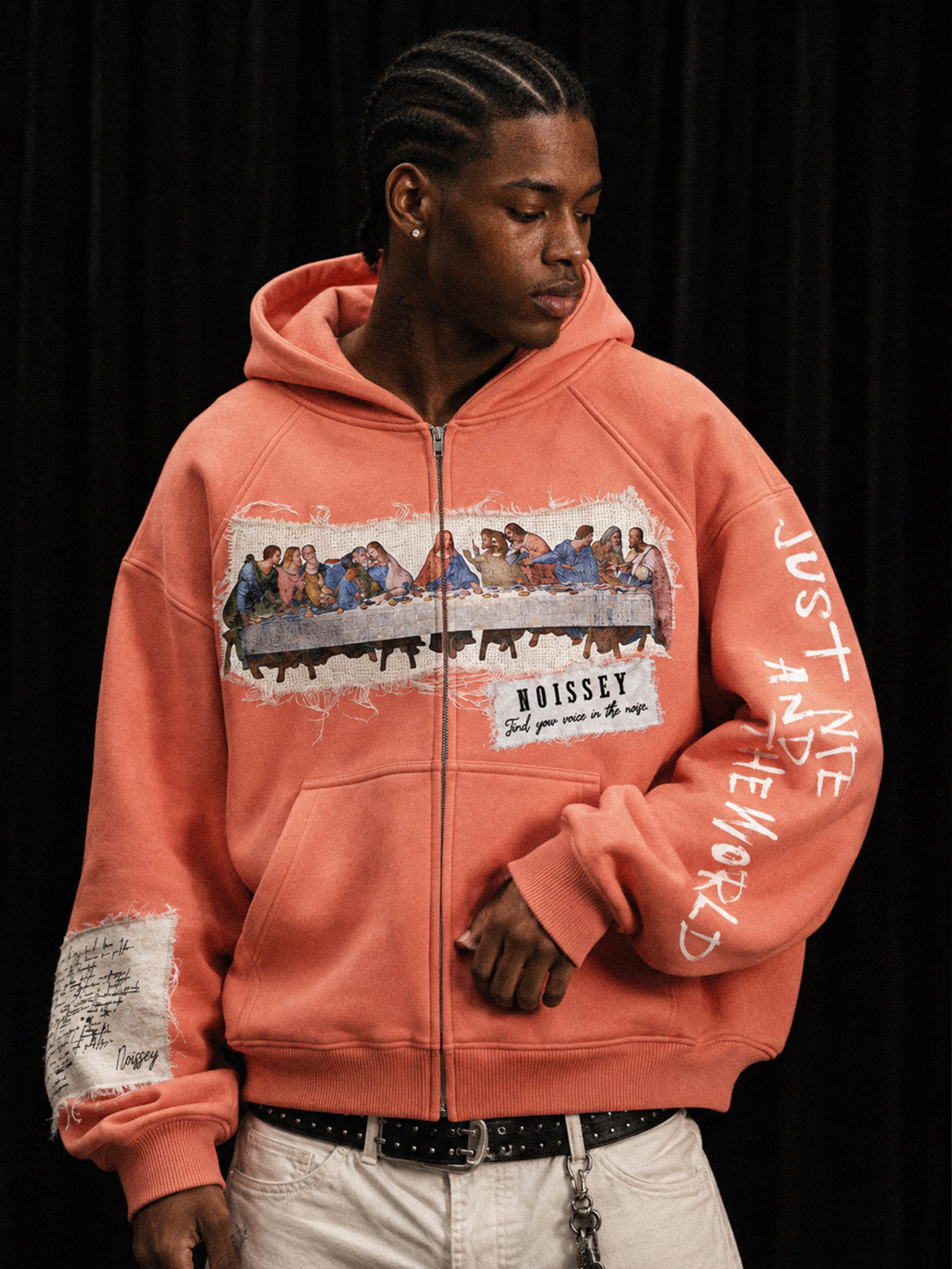 NOISSEY Vintage "The Last Supper" Faux Raw-Edge Patchwork Full-Zip Hoodie - Heritage Orange
