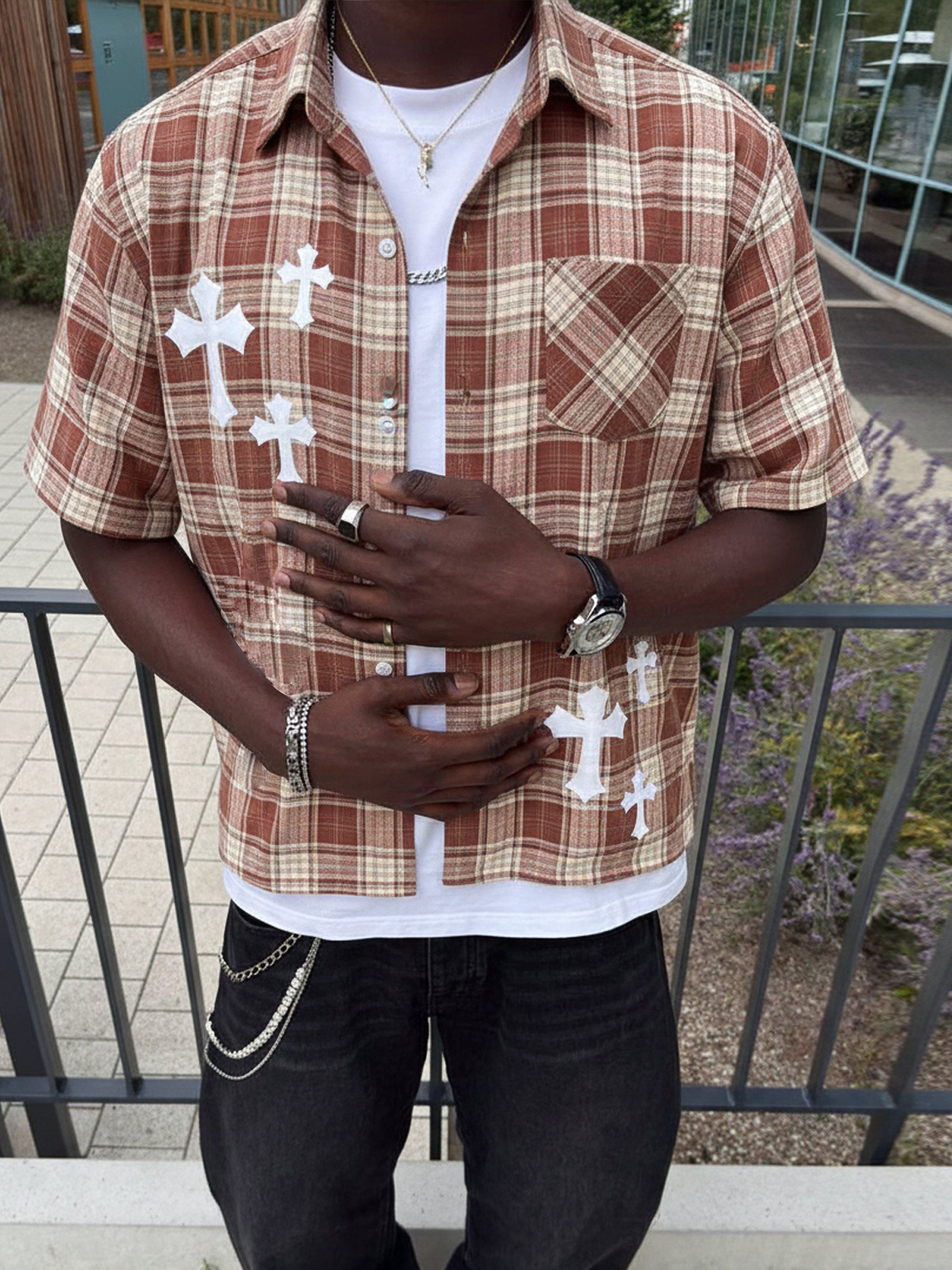 NOISSEY "Gothic Rosary" Hot-Fix Plaid Short-Sleeve Shirt - Red