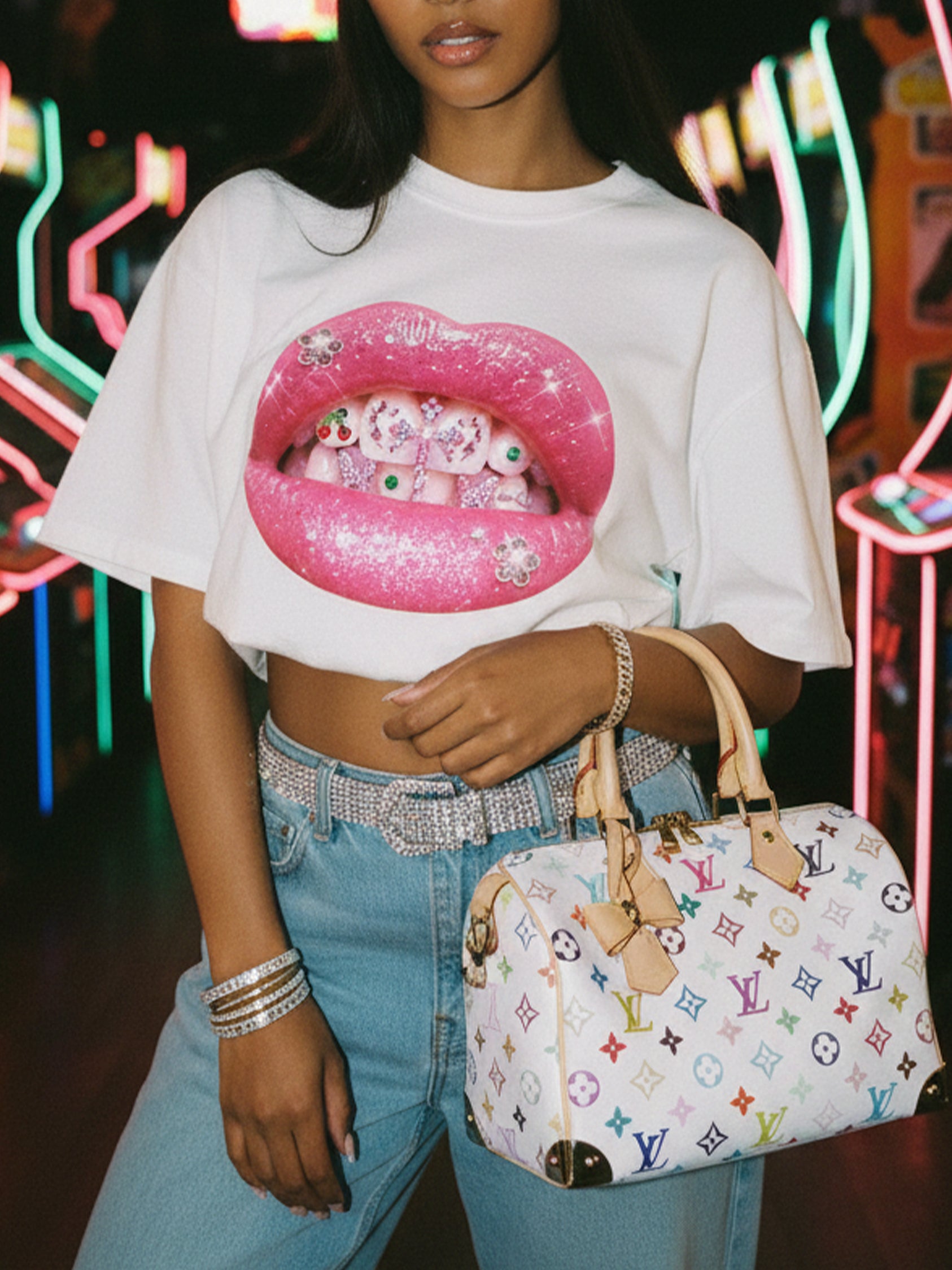 NOISSEY Y2K Grillz Tee - Rhinestone Graphic & Cool Touch Fabric