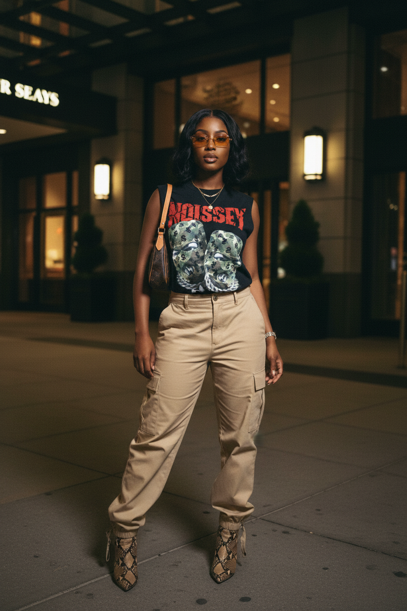 Evening street style with Camo Double Head Mask Print Tank Top