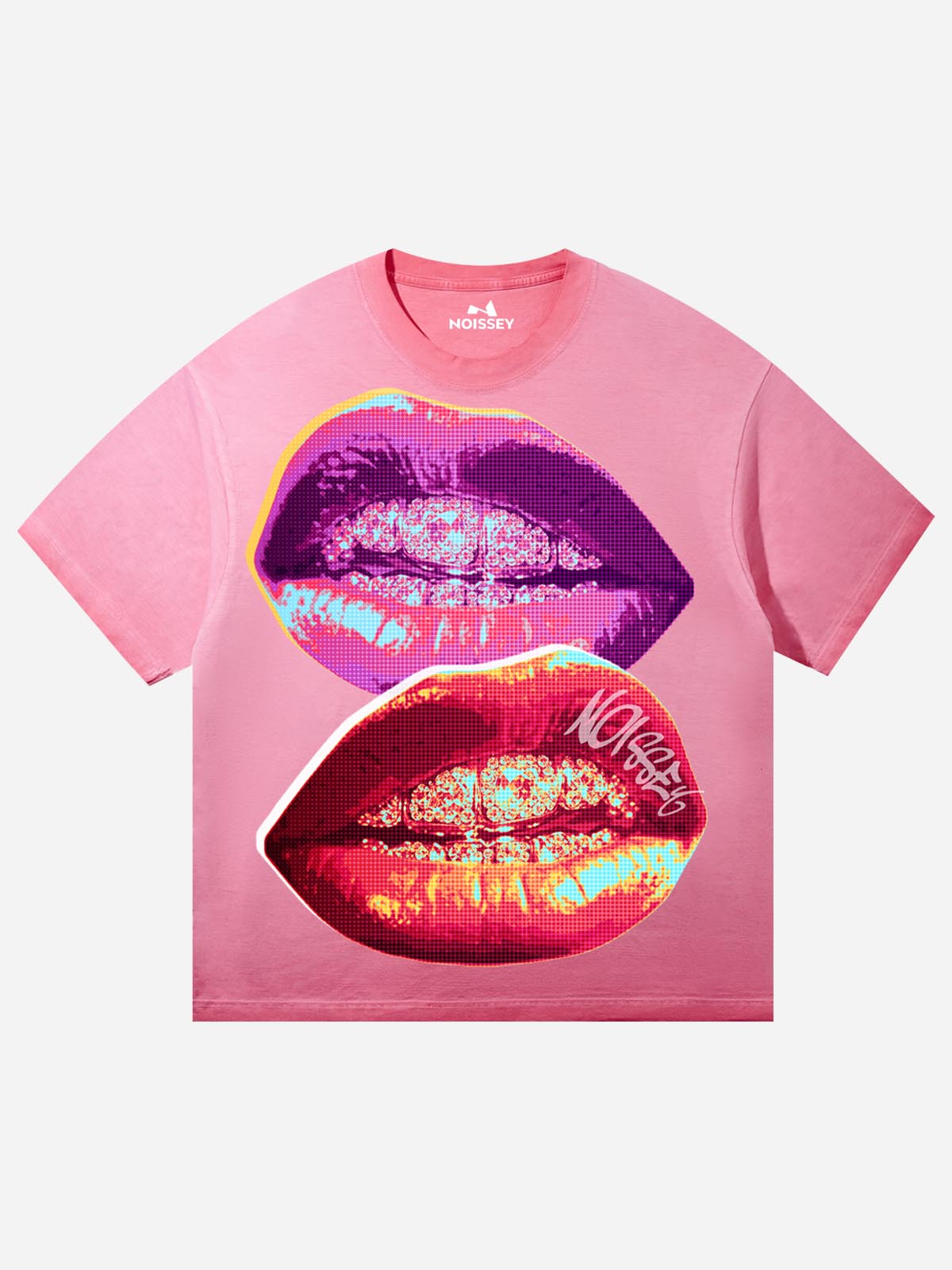 NOISSEY Double Pop Art Iced-Out Lips Graphic Tee - Pink Y2K Oversized Streetwear Shirt
