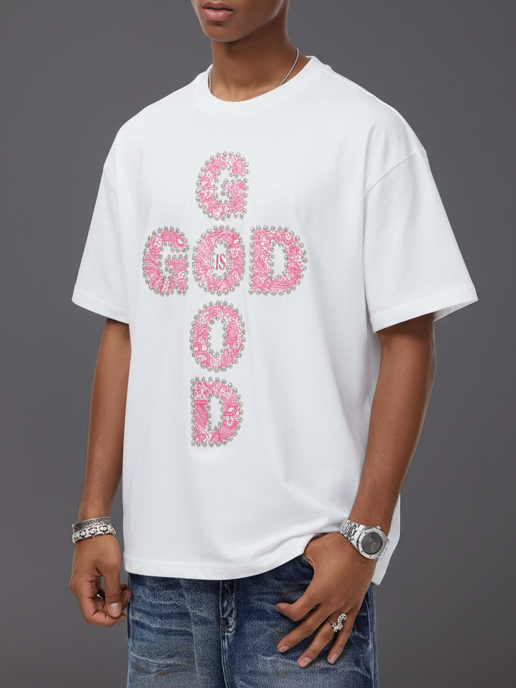 GOD IS GOOD! Lace Pearl Edge Printed T-shirt