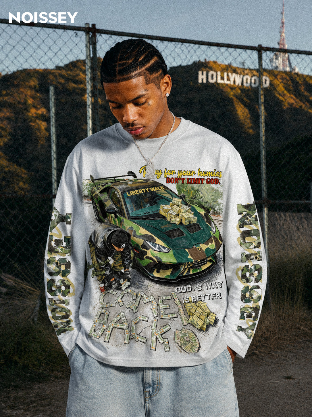 NOISSEY "Camo Supercar & Cash" Track Tee - Clean White Oversized Long Sleeve