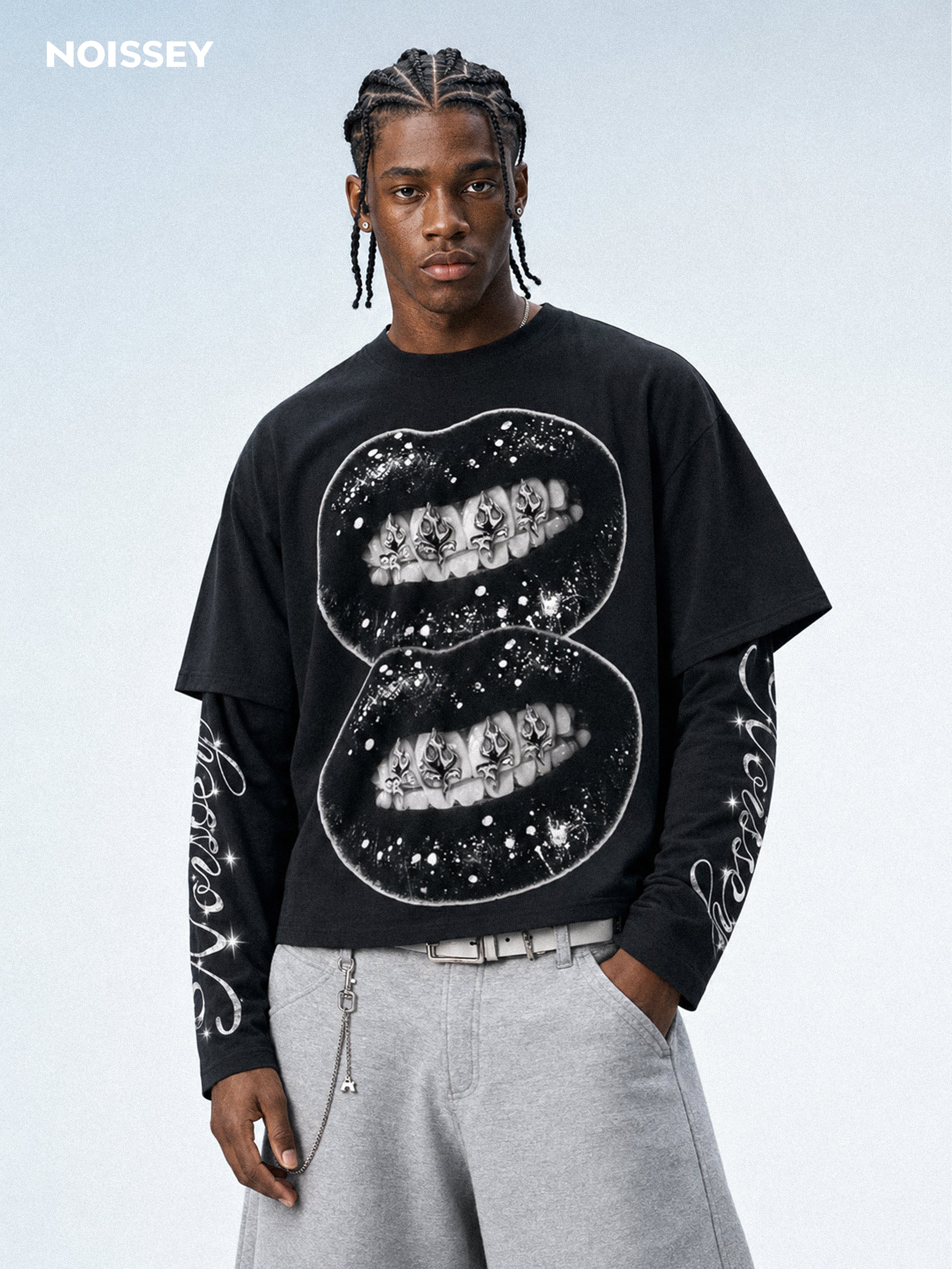 NOISSEY Double Black Lips Flame Grillz Faux Two-Piece Sweatshirt - Black Gothic Streetwear Crewneck