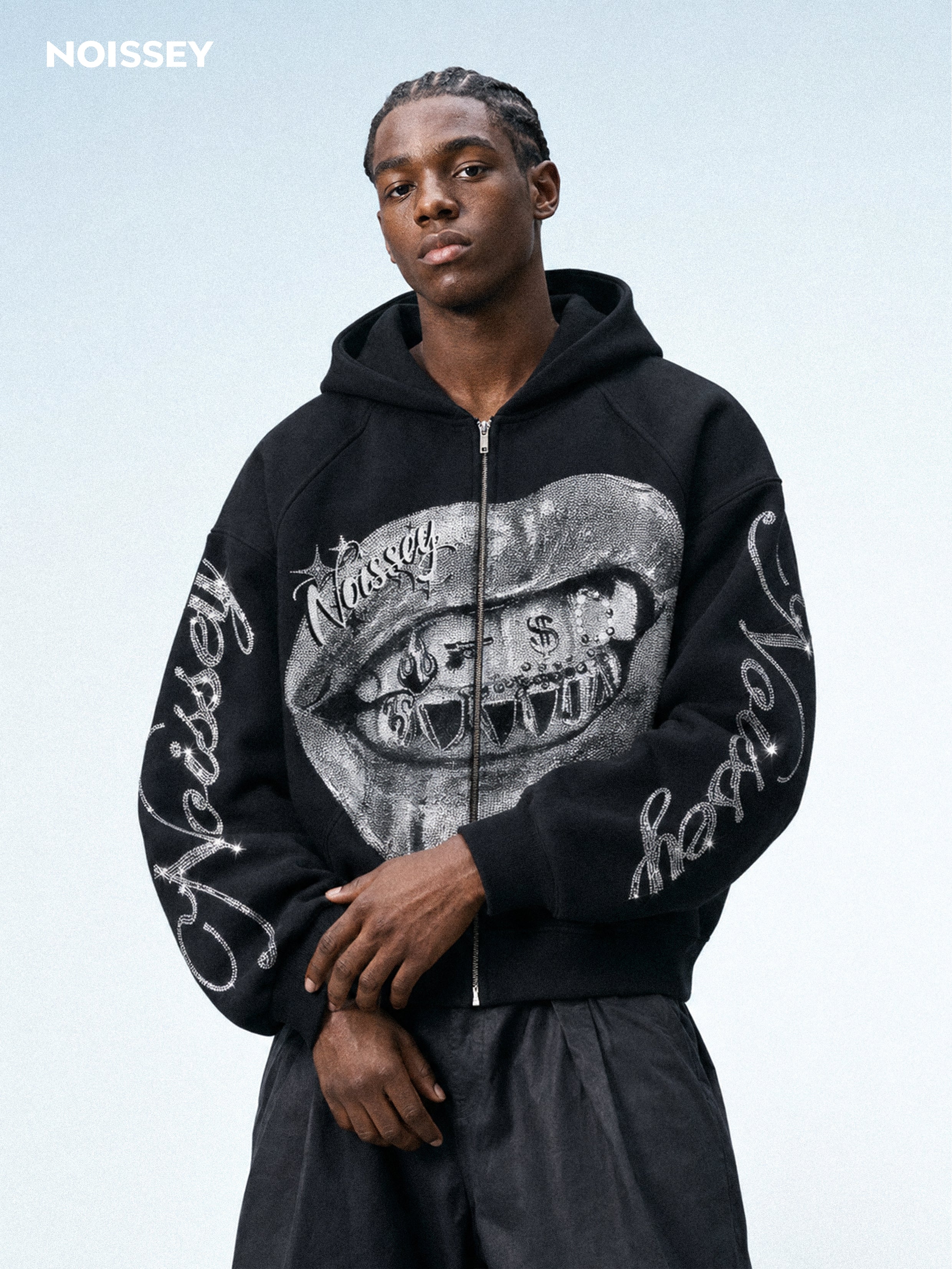 NOISSEY Metallic Grillz Lips &amp; Rhinestone Sleeve Zip-Up Hoodie - Black Streetwear Hoodie