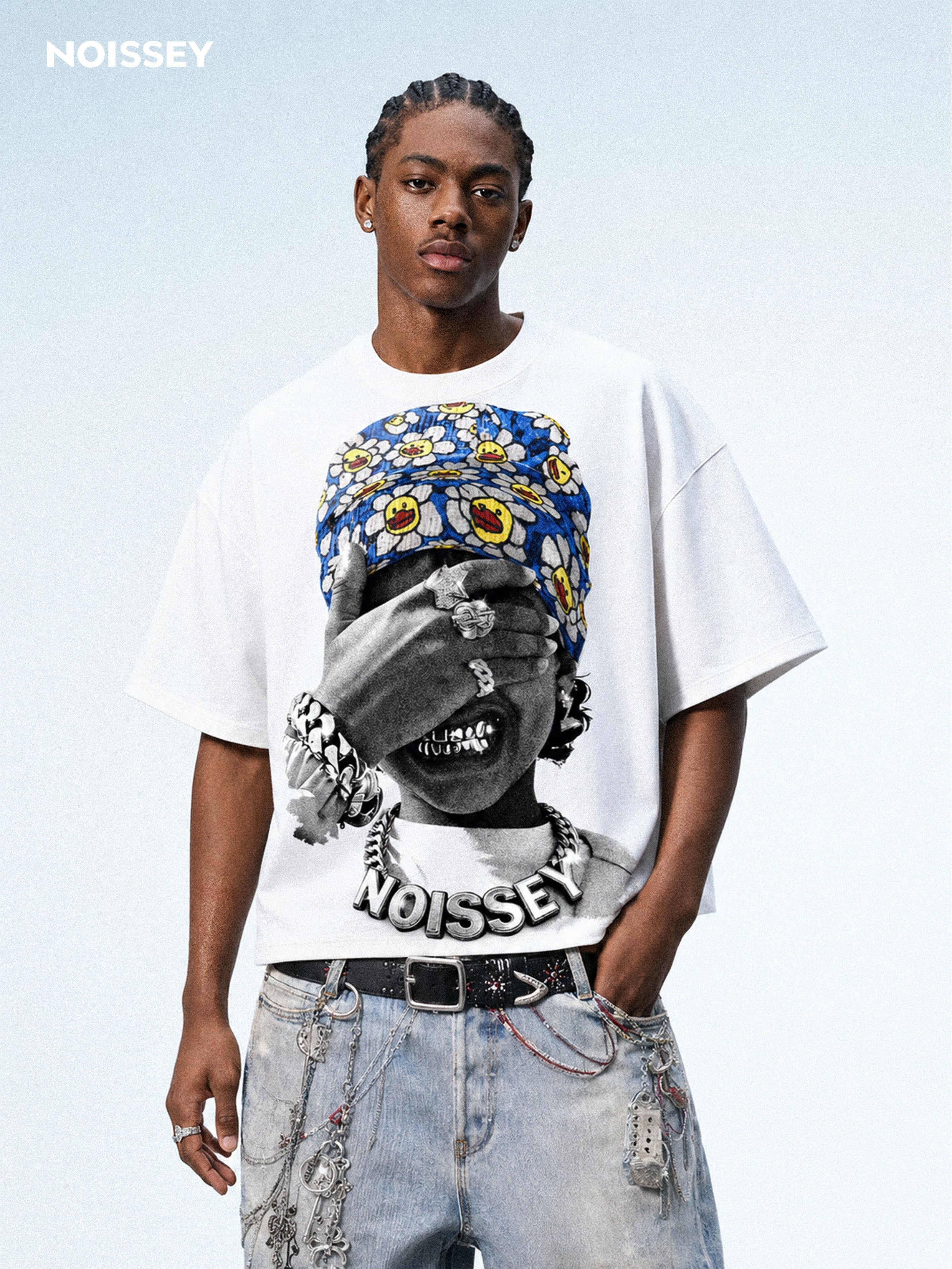 NOISSEY Blue Flower Bandana Kid Gold Grillz Boxy Graphic Tee - White Streetwear Shirt