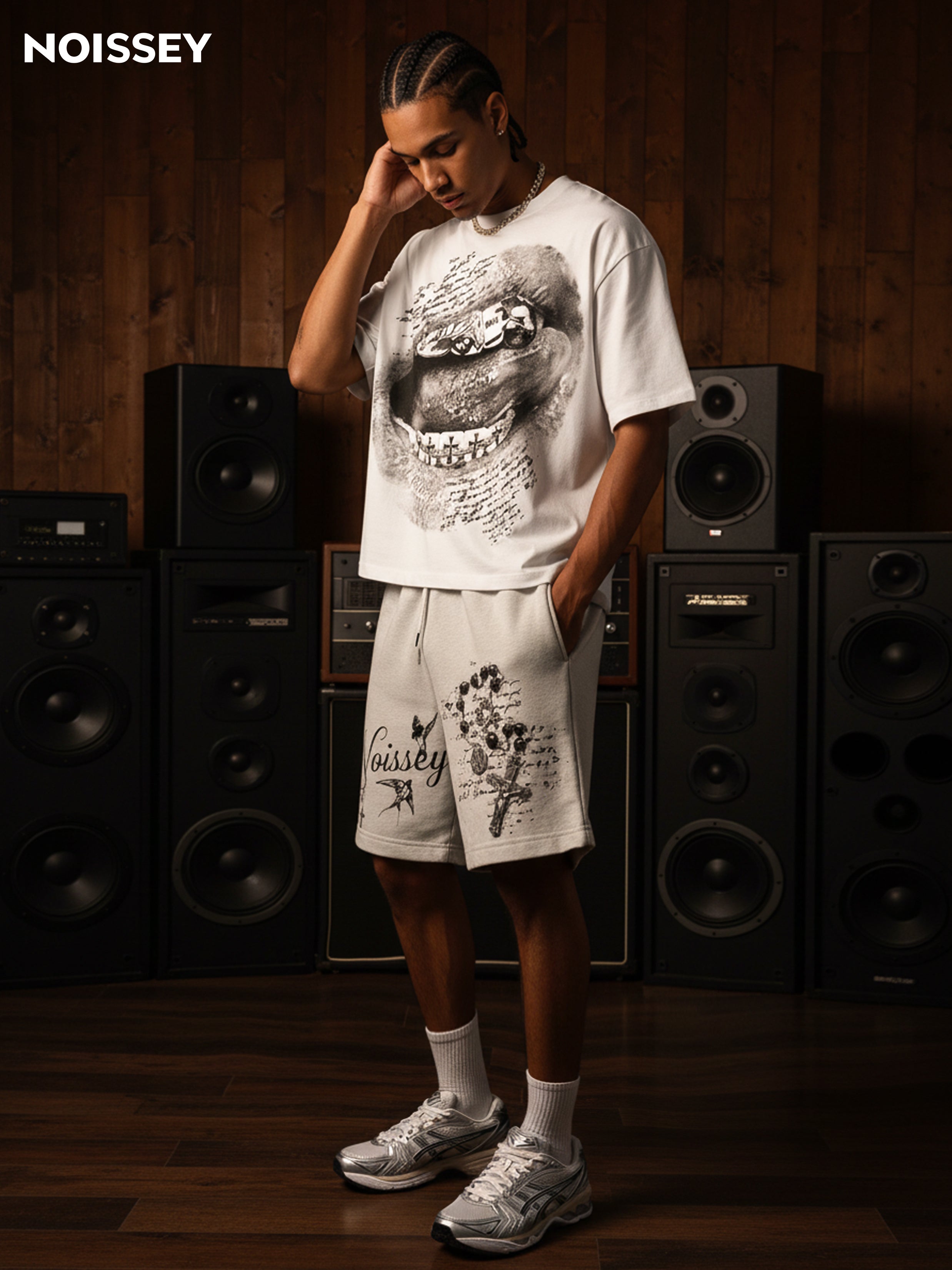 NOISSEY "Sacred Desires" Cross Grillz & Bible Lip Art Boxy Tee - Pure White