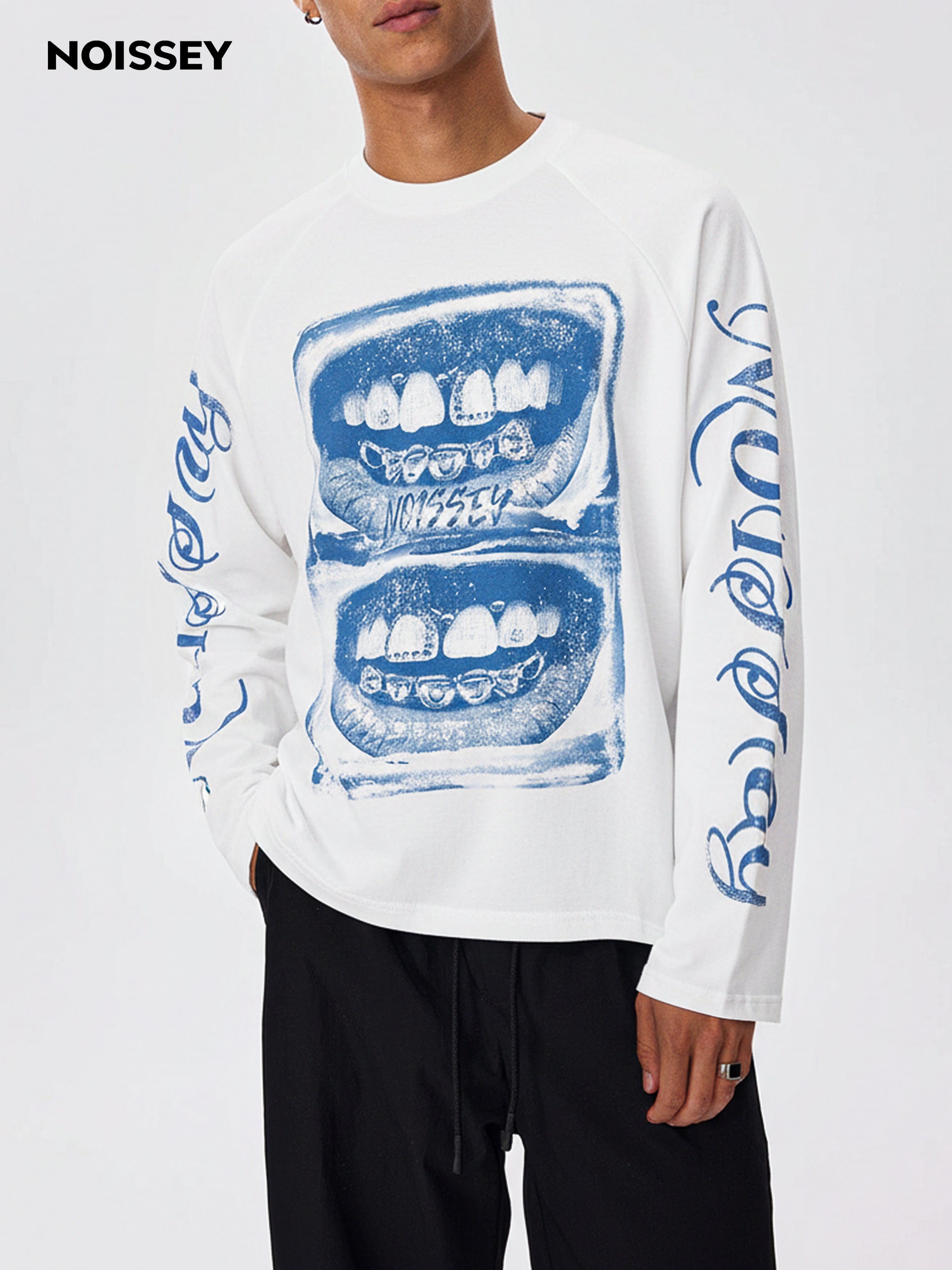 "ARCHIVAL GRILLZ" SCREEN-PRINT CREWNECK – VINTAGE BLUE OVERSIZED LONG SLEEVE