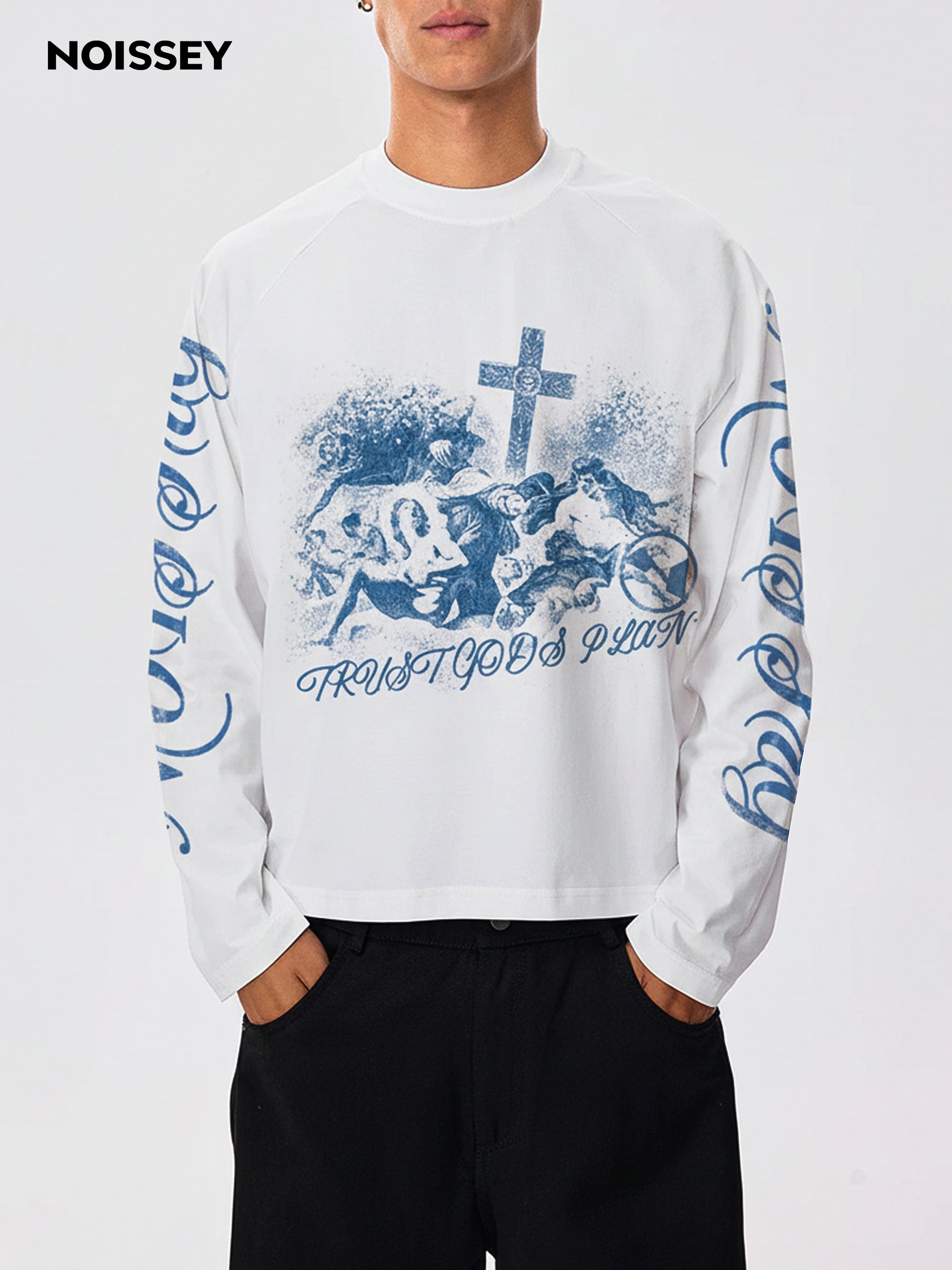 TRUST GOD’S PLAN" ARCHIVAL PRINT CREWNECK – VINTAGE BLUE OVERSIZED LONG SLEEVE